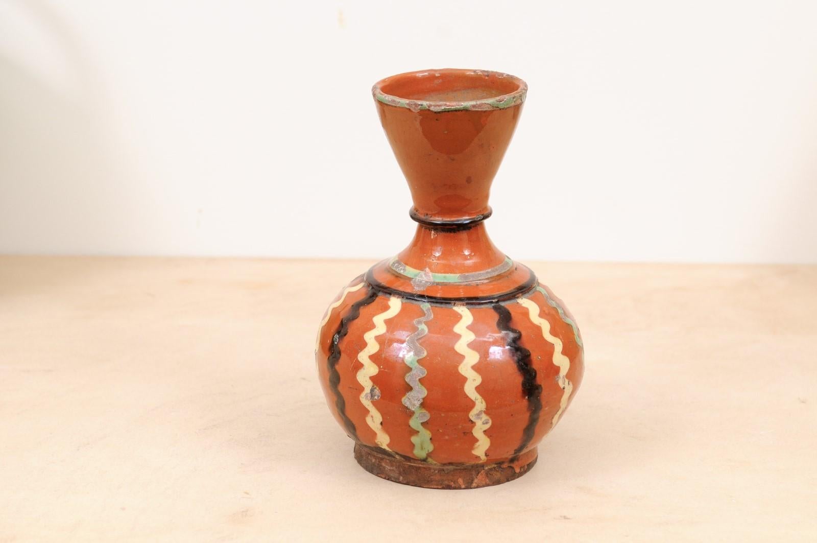 French 19th Century Jaspe Pottery Wine Serving Jug with Rust Glaze, Wavy Décor For Sale 2