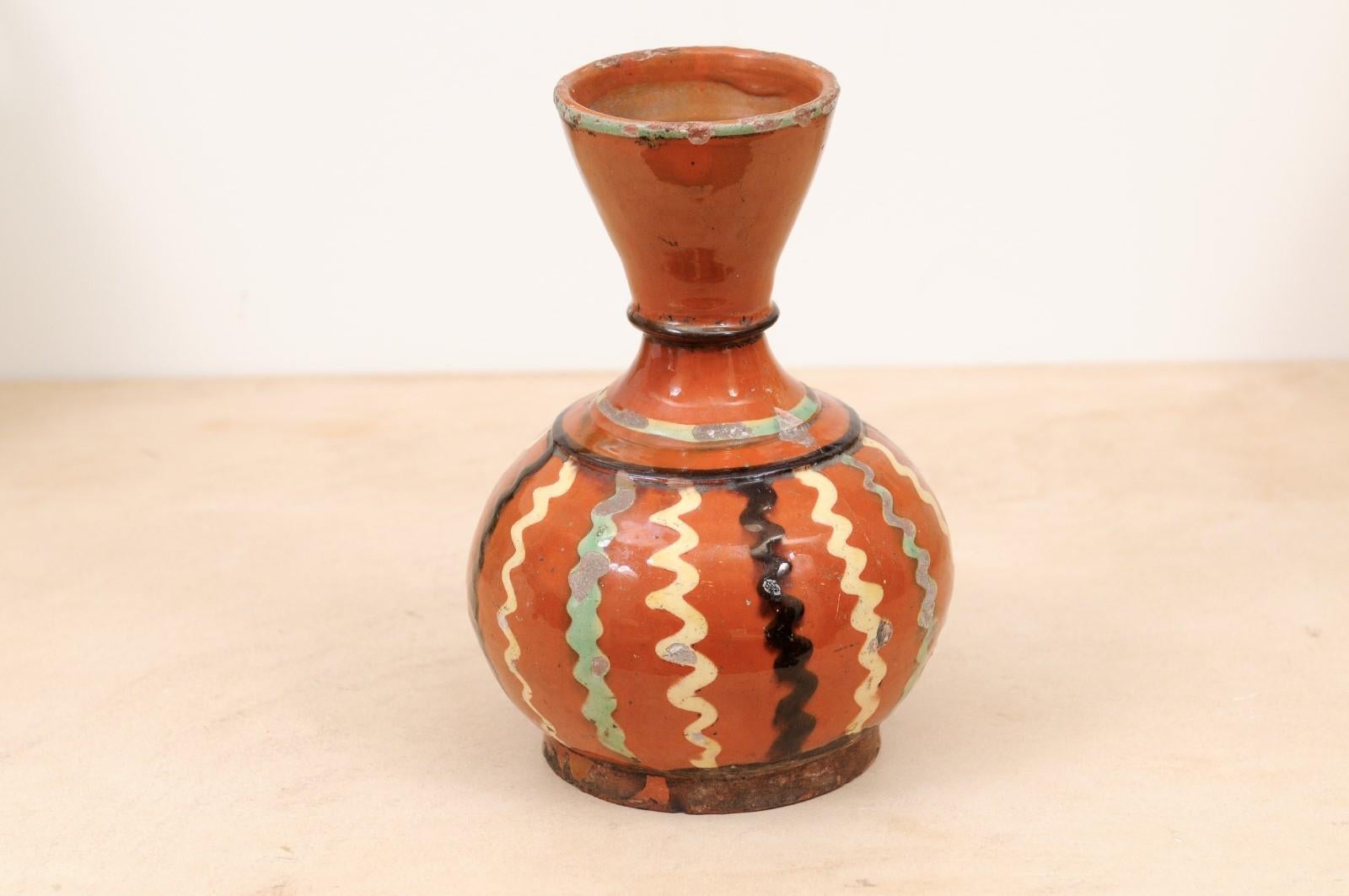 French 19th Century Jaspe Pottery Wine Serving Jug with Rust Glaze, Wavy Décor For Sale 3