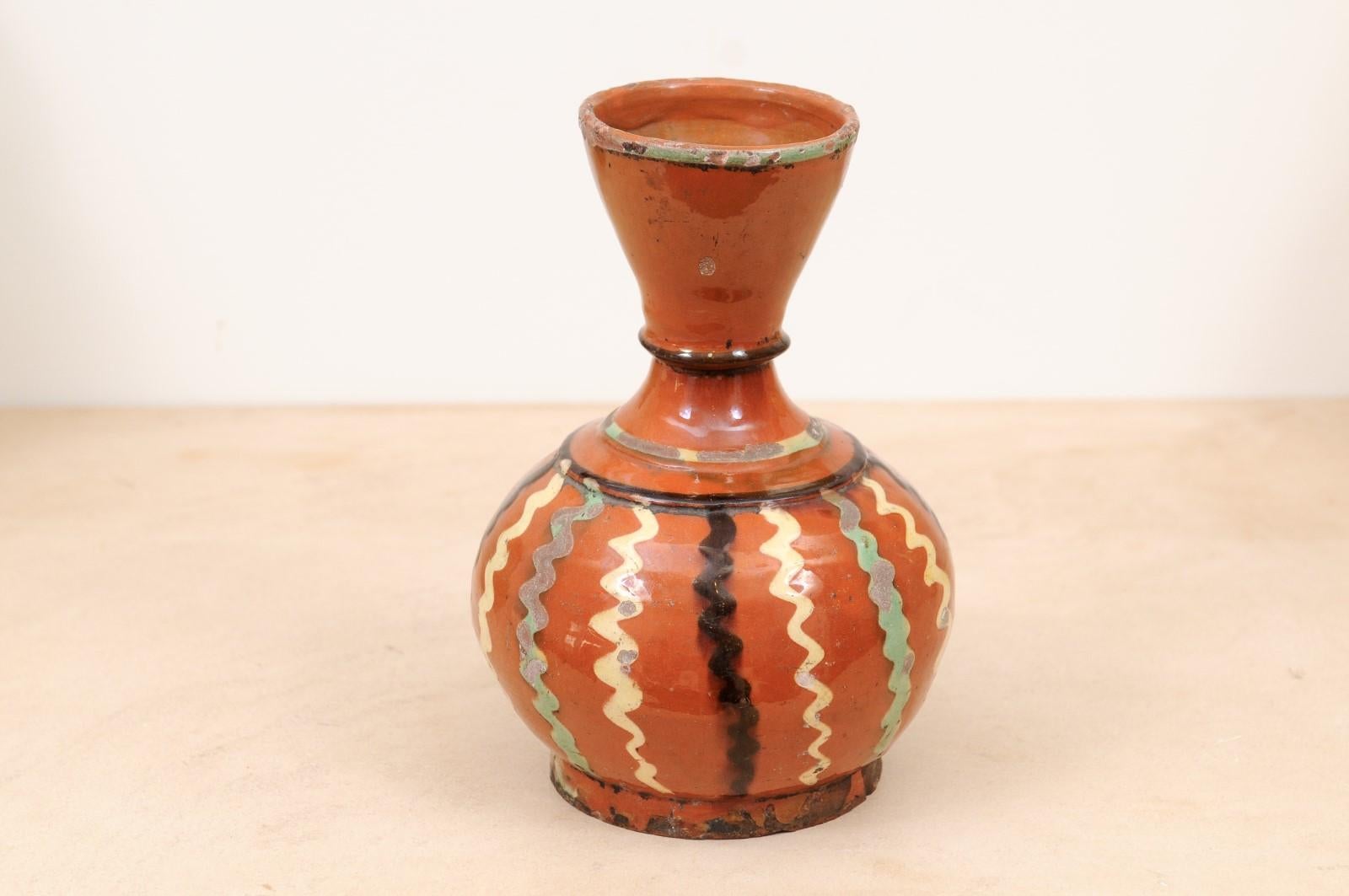French 19th Century Jaspe Pottery Wine Serving Jug with Rust Glaze, Wavy Décor For Sale 4