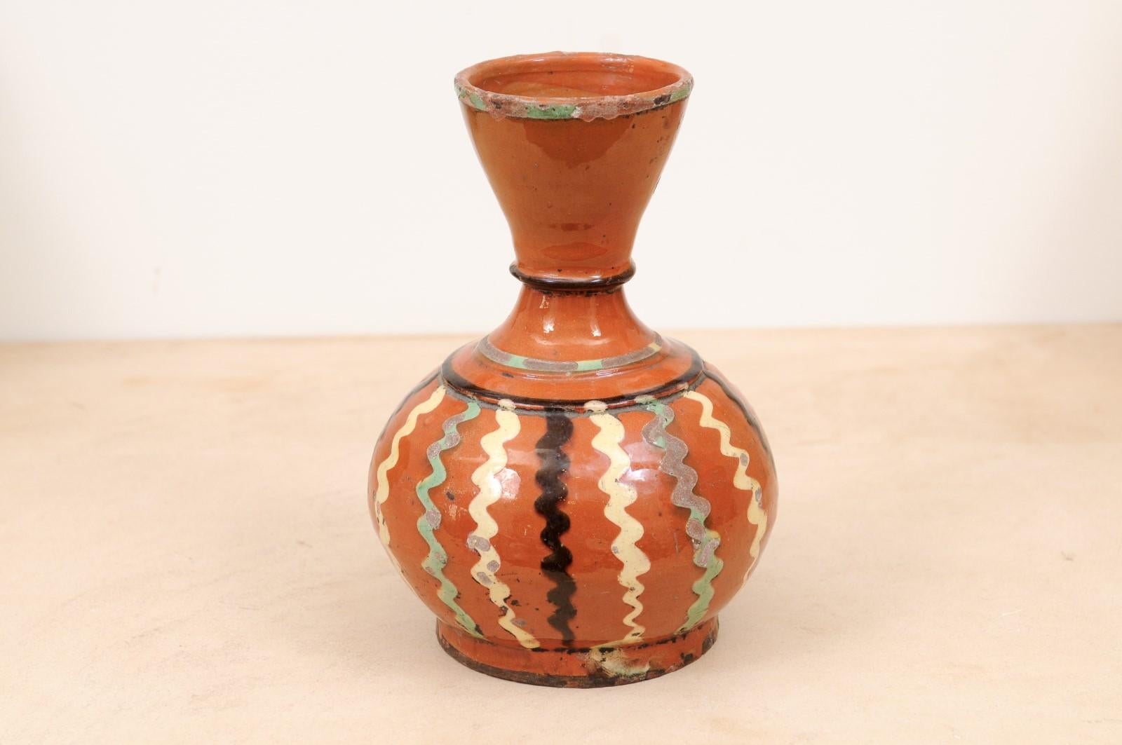 French 19th Century Jaspe Pottery Wine Serving Jug with Rust Glaze, Wavy Décor For Sale 5