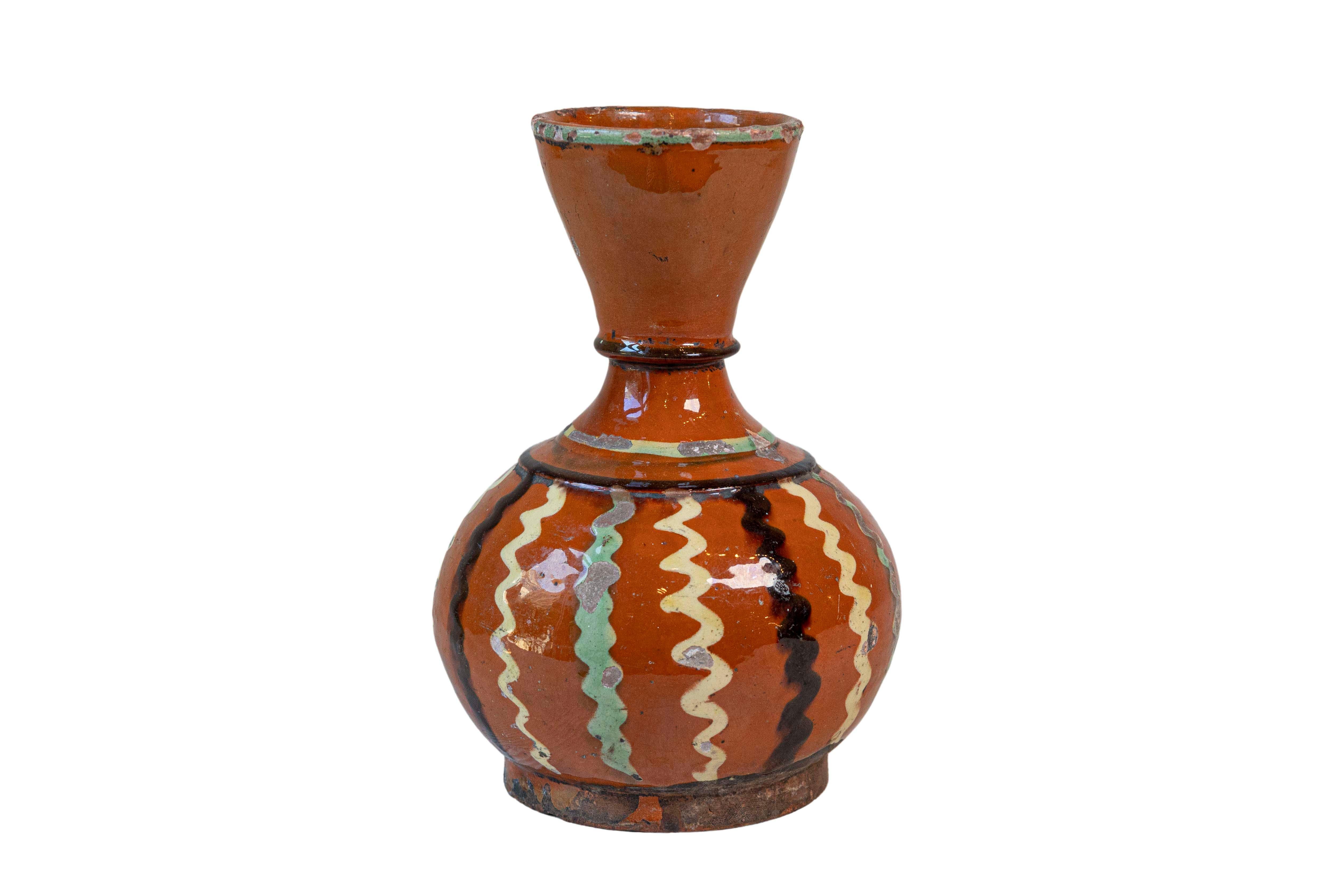 French 19th Century Jaspe Pottery Wine Serving Jug with Rust Glaze, Wavy Décor