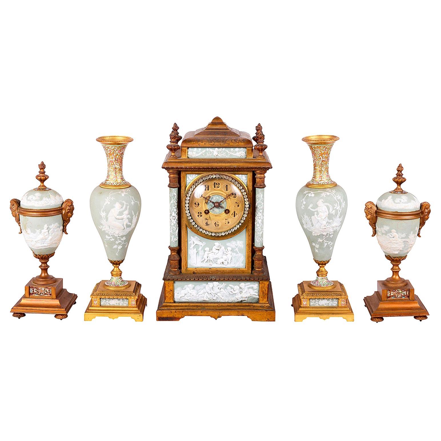 French 19th Century Jasper Porcelain + Enamel Clock Set