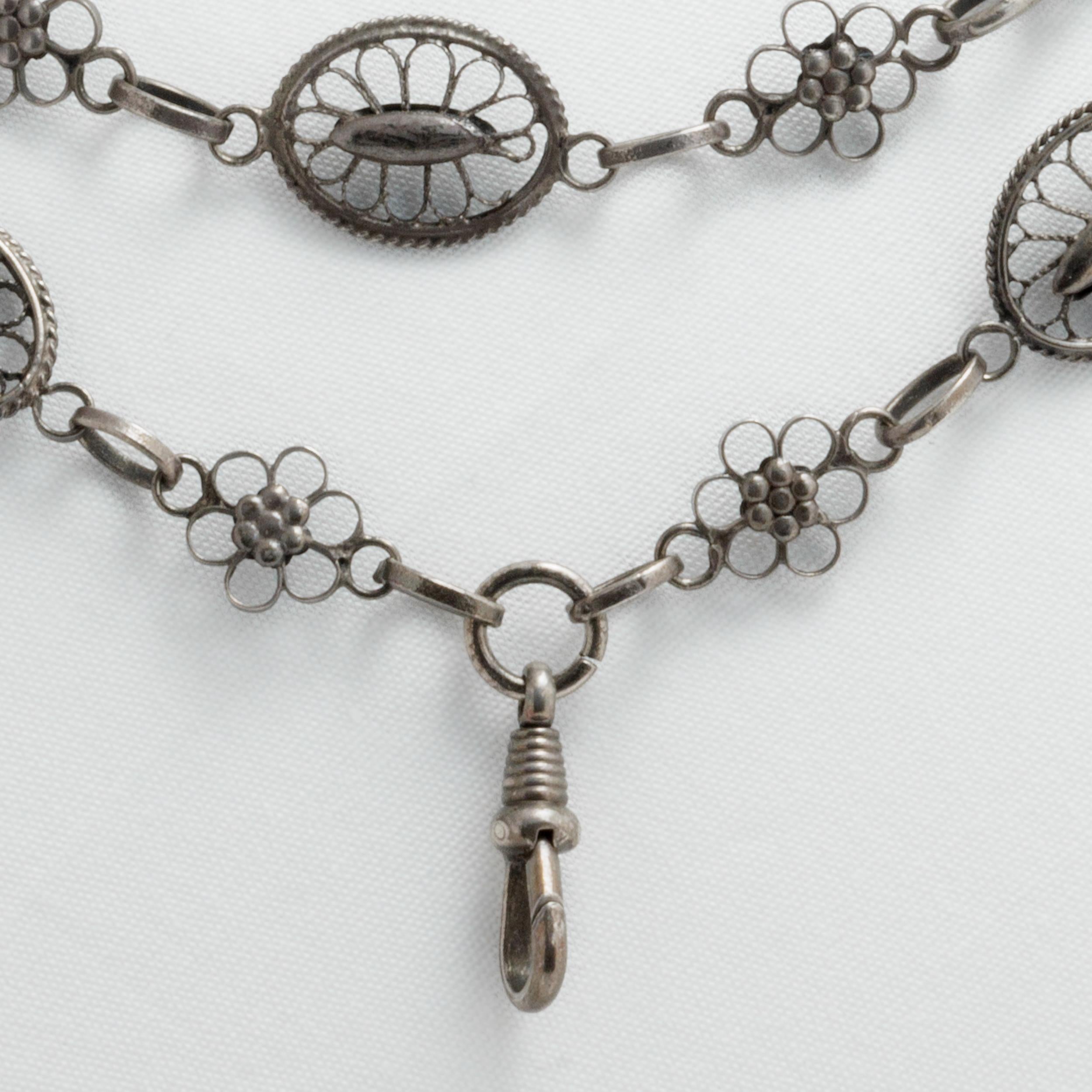 French 19th Century Lacey Silver Muff Chain Sautoir 1