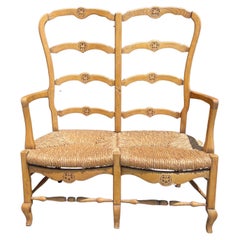 French 19th Century Ladder-back Banquette with Arms and Rush Seat