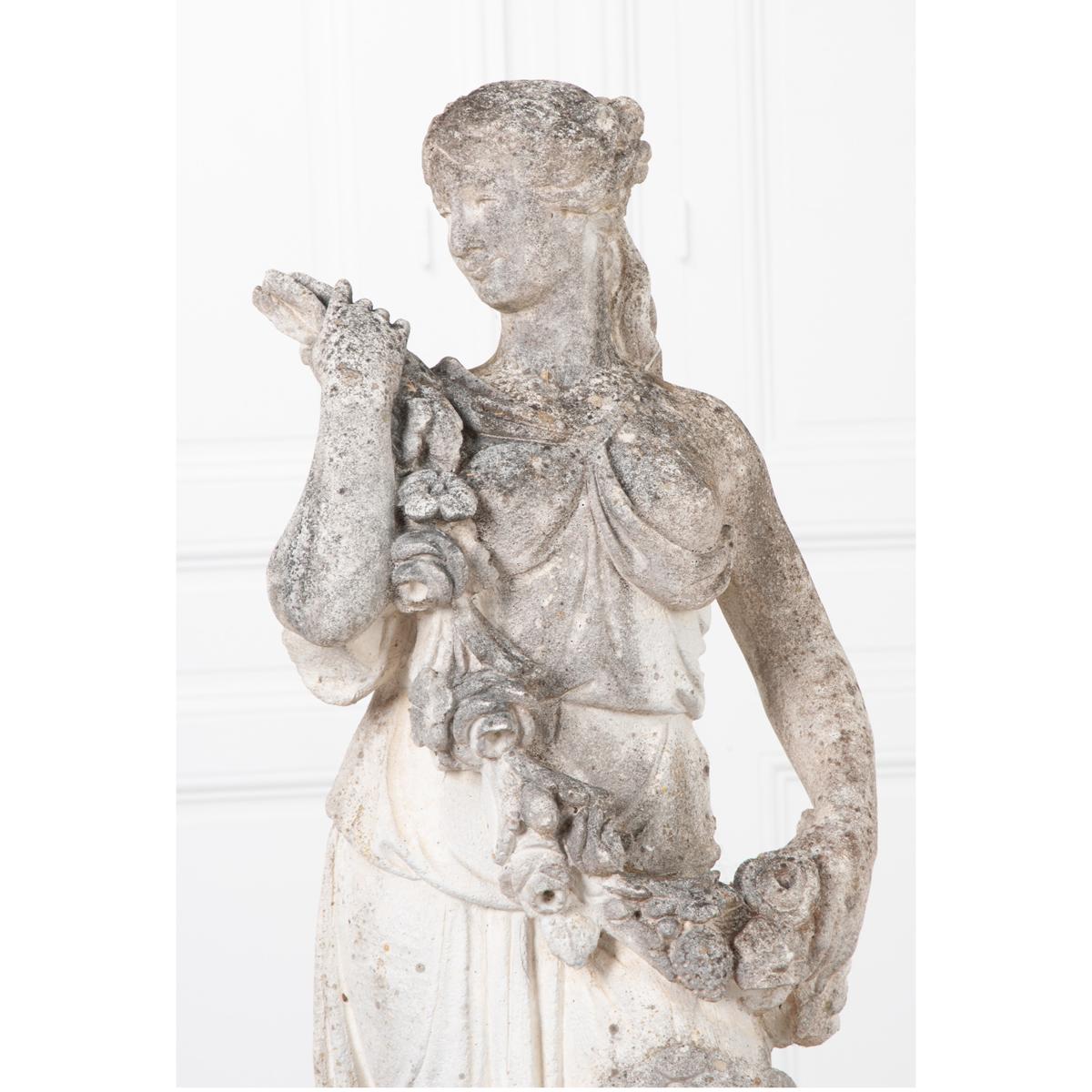 Cast Stone French 19th Century Lady with Garland of Flowers