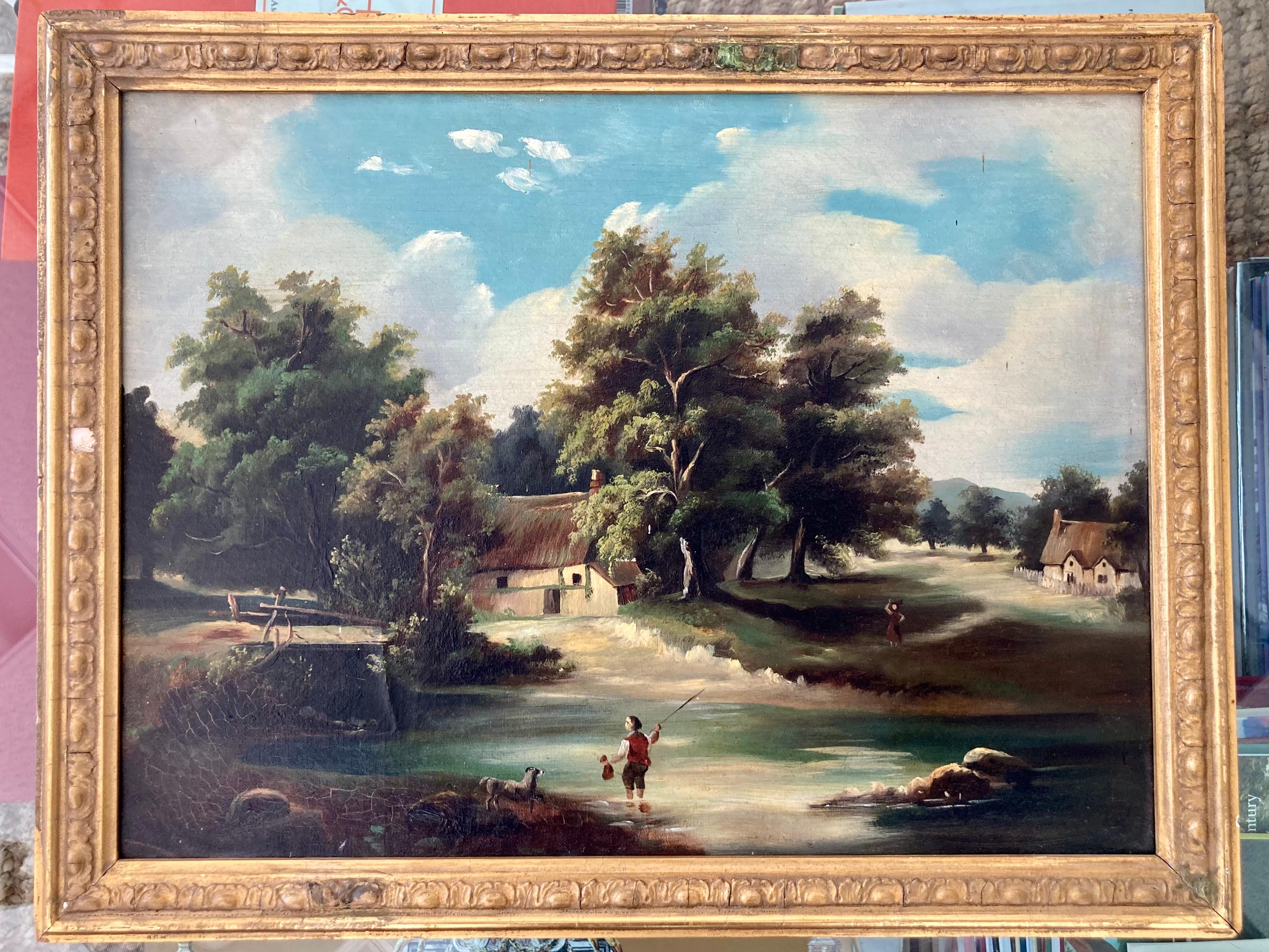 Beautiful French 19th Century landscape painting. Old wood original stretchers . Nice old gilt frame too.

Sight dimensions: 15.5