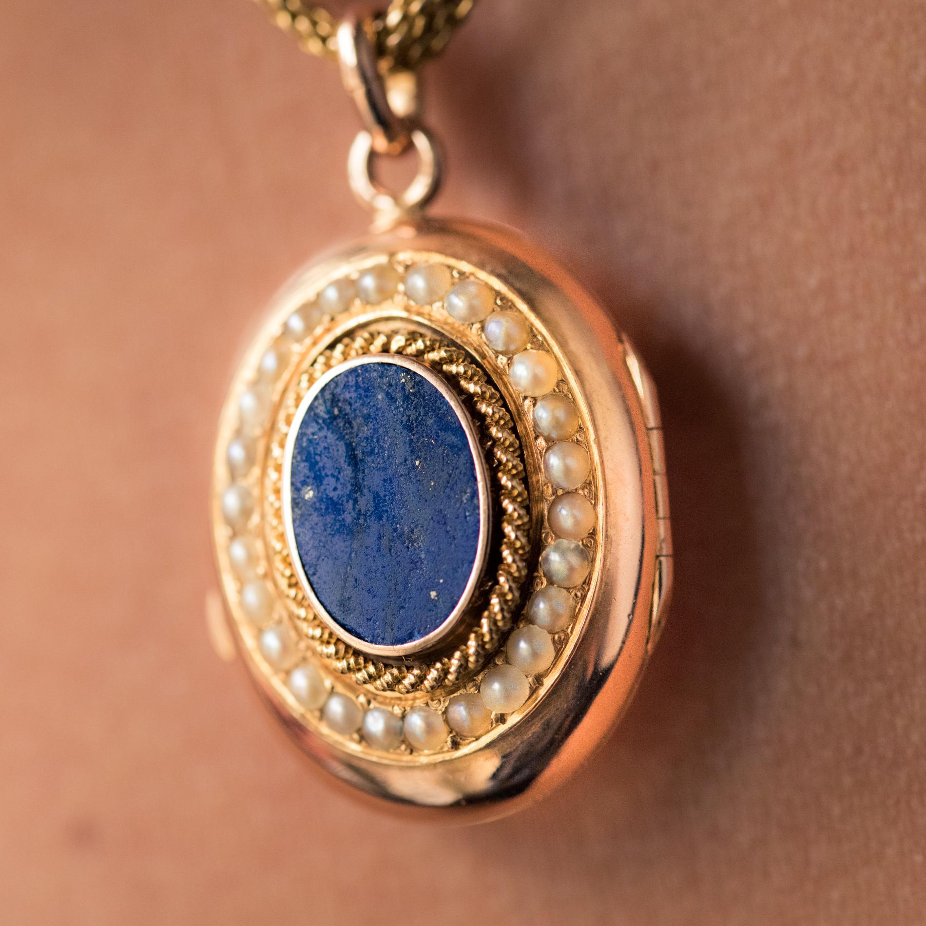 French 19th Century Lapis Lazuli Natural Pearls 18 Karat Gold Medallion Necklace 1