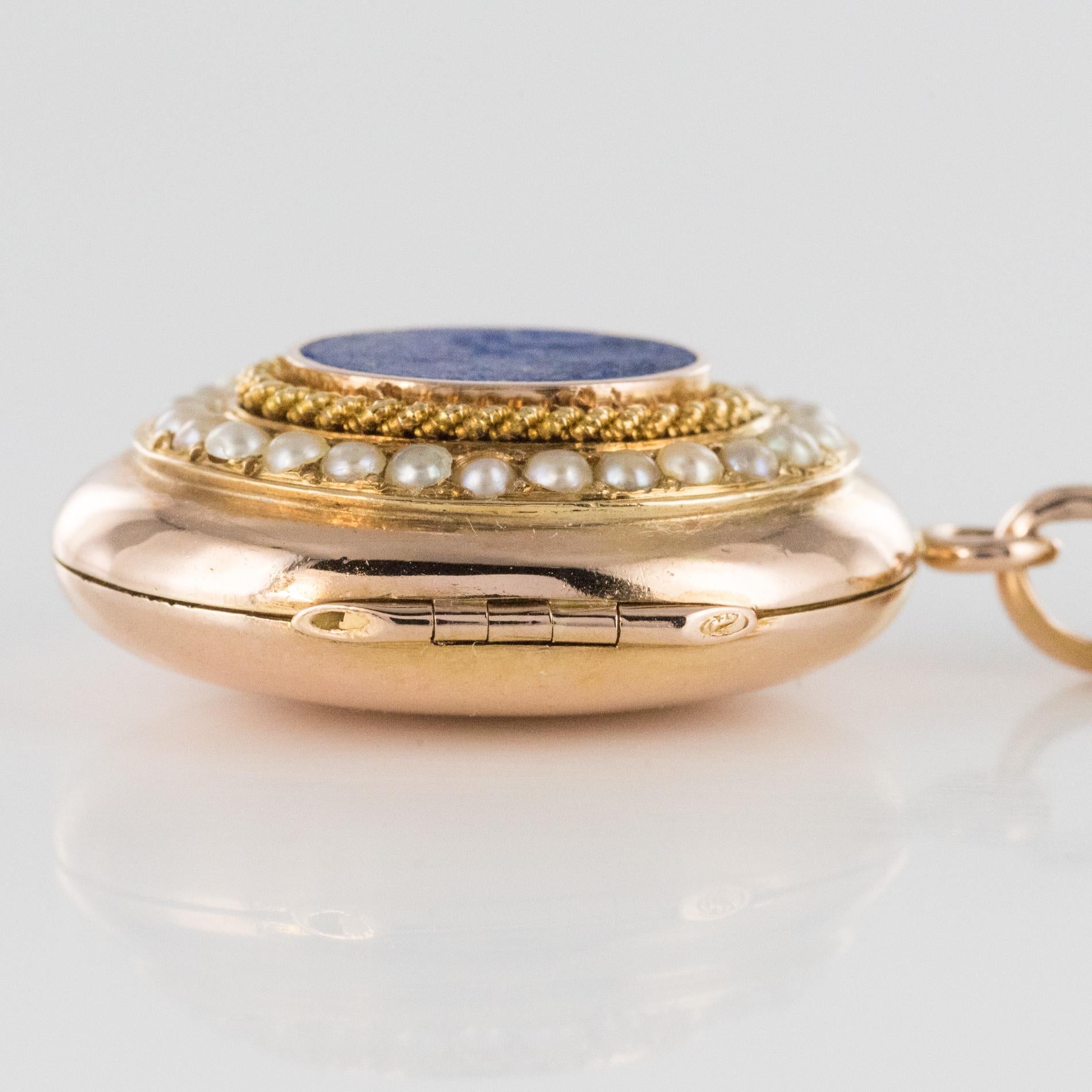 French 19th Century Lapis Lazuli Natural Pearls 18 Karat Gold Medallion Necklace 3
