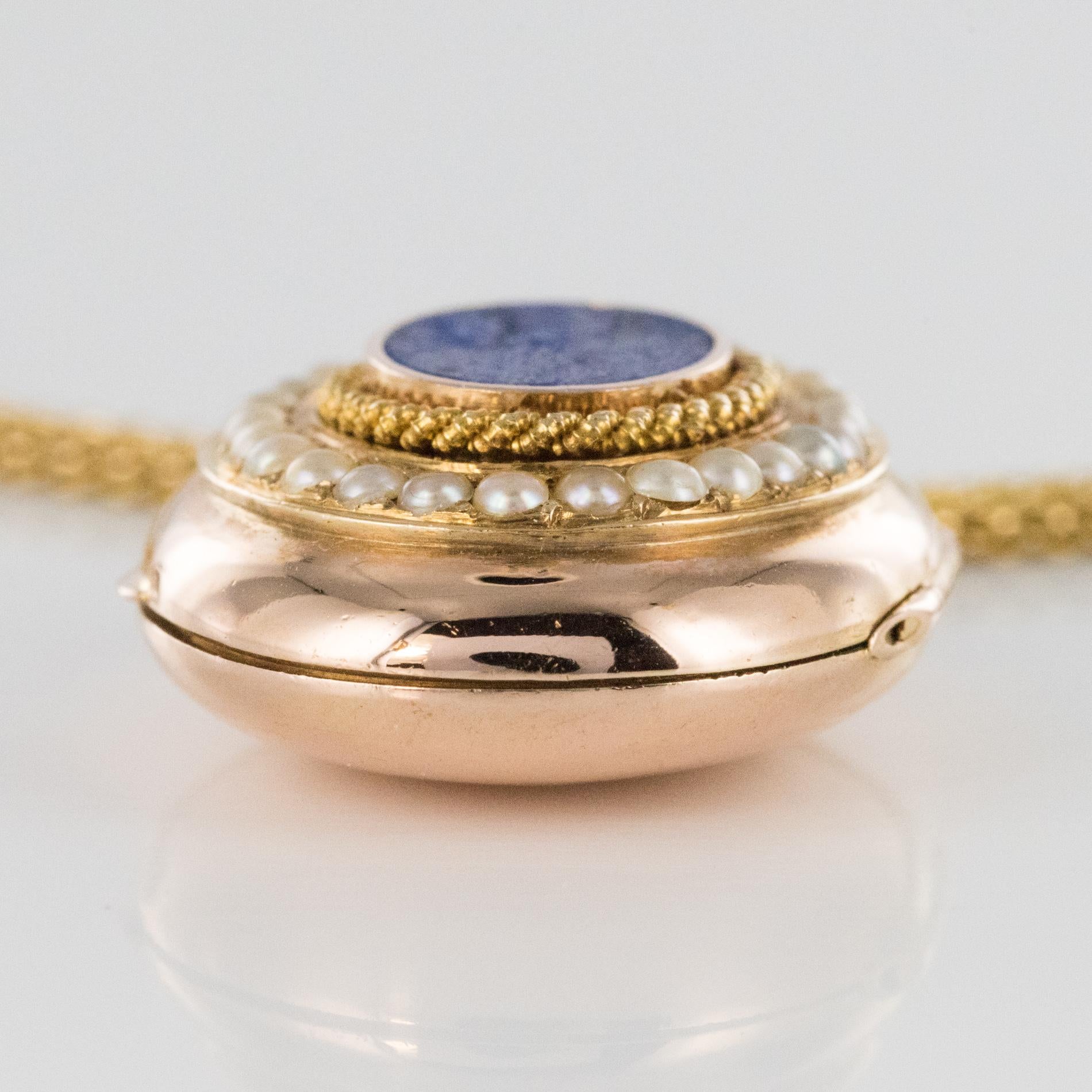 French 19th Century Lapis Lazuli Natural Pearls 18 Karat Gold Medallion Necklace 4