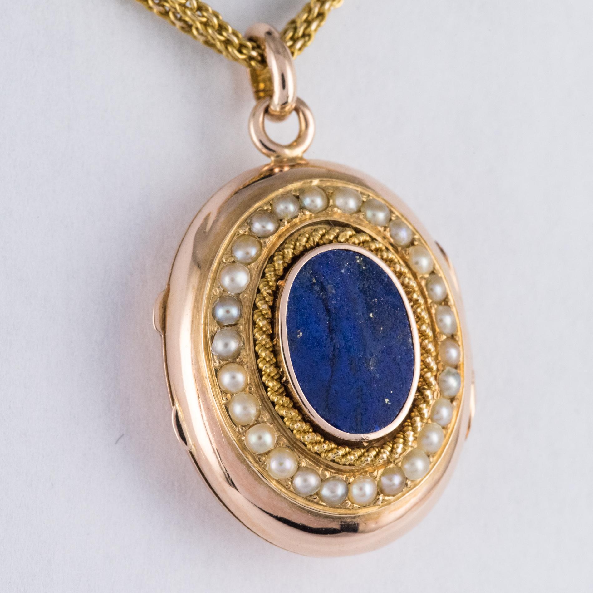 French 19th Century Lapis Lazuli Natural Pearls 18 Karat Gold Medallion Necklace 5