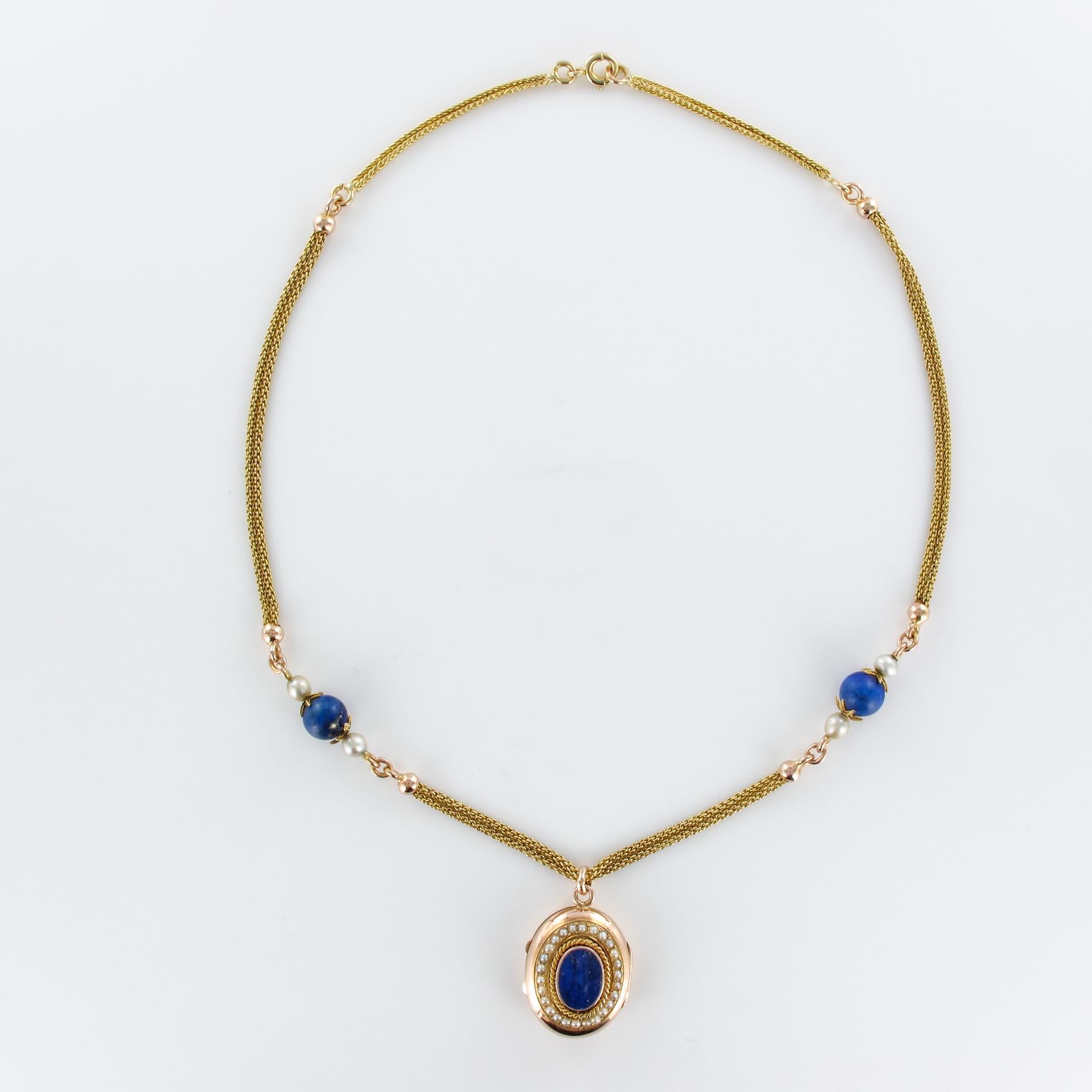 French 19th Century Lapis Lazuli Natural Pearls 18 Karat Gold Medallion Necklace 7