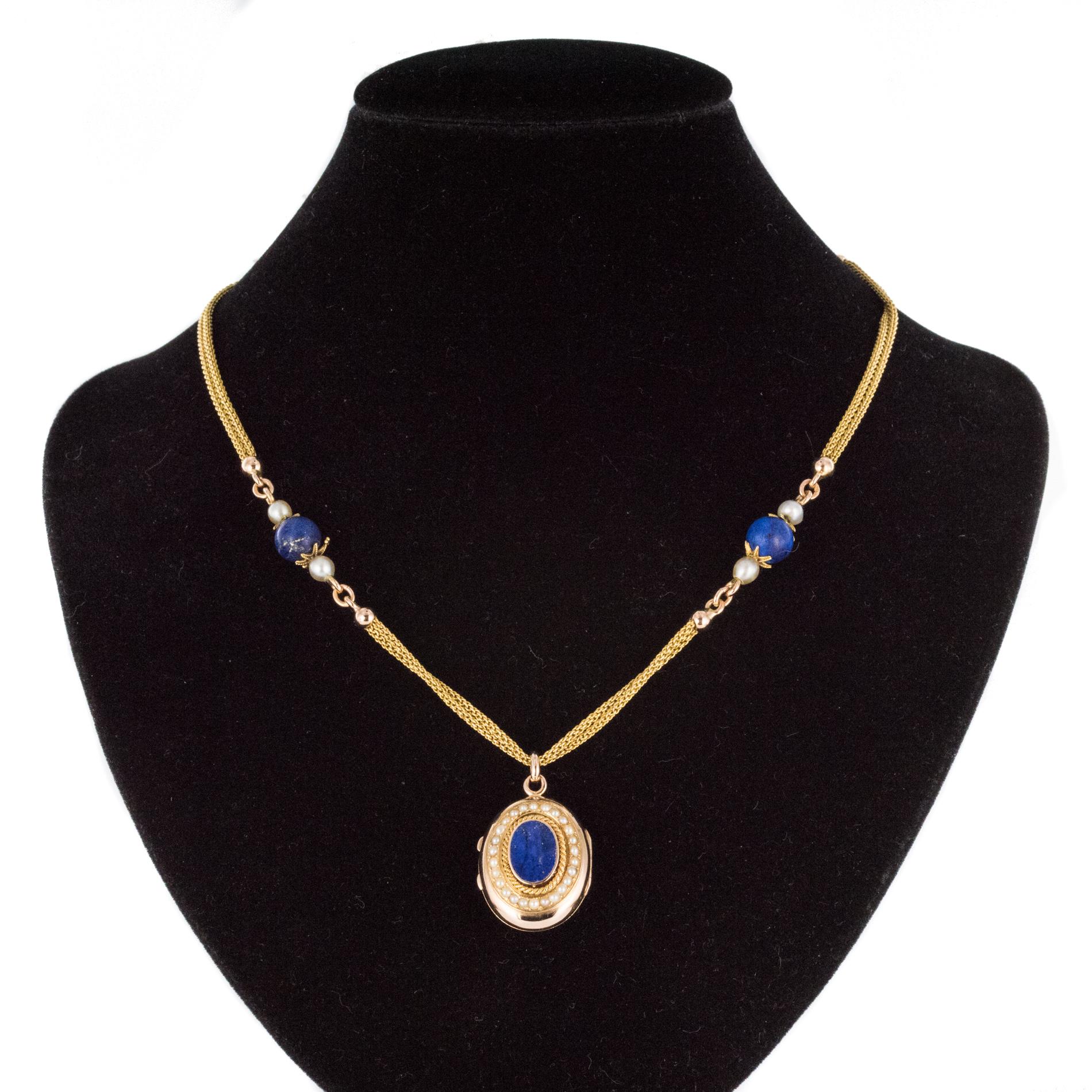 French Cut French 19th Century Lapis Lazuli Natural Pearls 18 Karat Gold Medallion Necklace