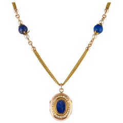 Collier mdaillon en or 18 carats avec lapis-lazuli et perles naturelles, France, XIXe sicle