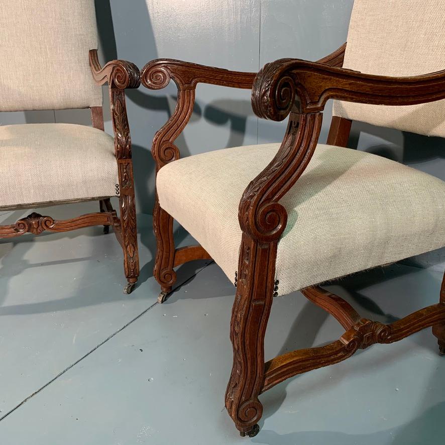 Louis XV French 19th Century Large Armchairs in Carved Oak and Newly Upholstered