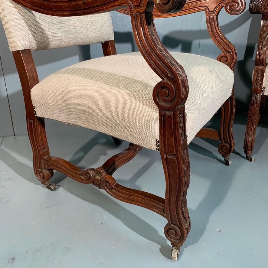 French 19th Century Large Armchairs in Carved Oak and Newly Upholstered In Good Condition In Uppingham, Rutland