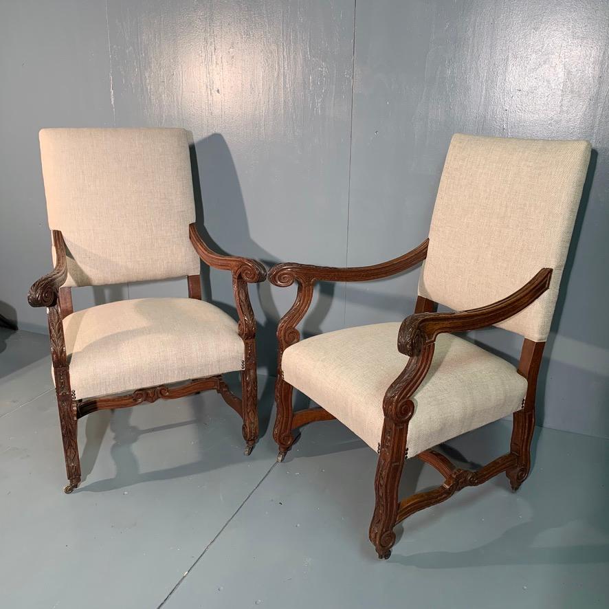 Late 19th Century French 19th Century Large Armchairs in Carved Oak and Newly Upholstered