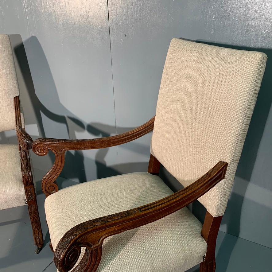 French 19th Century Large Armchairs in Carved Oak and Newly Upholstered 1