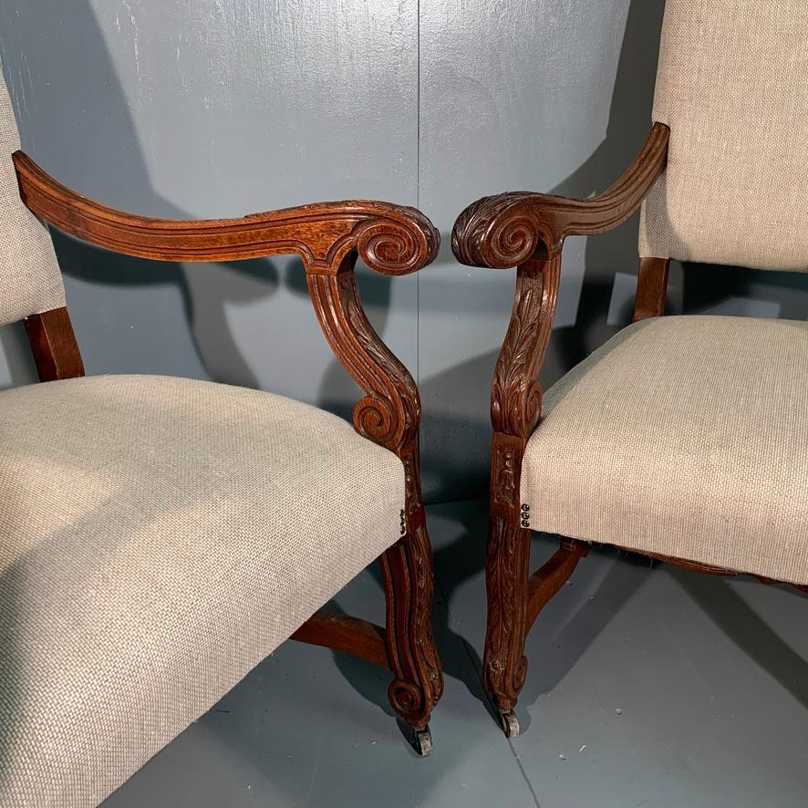 French 19th Century Large Armchairs in Carved Oak and Newly Upholstered 2