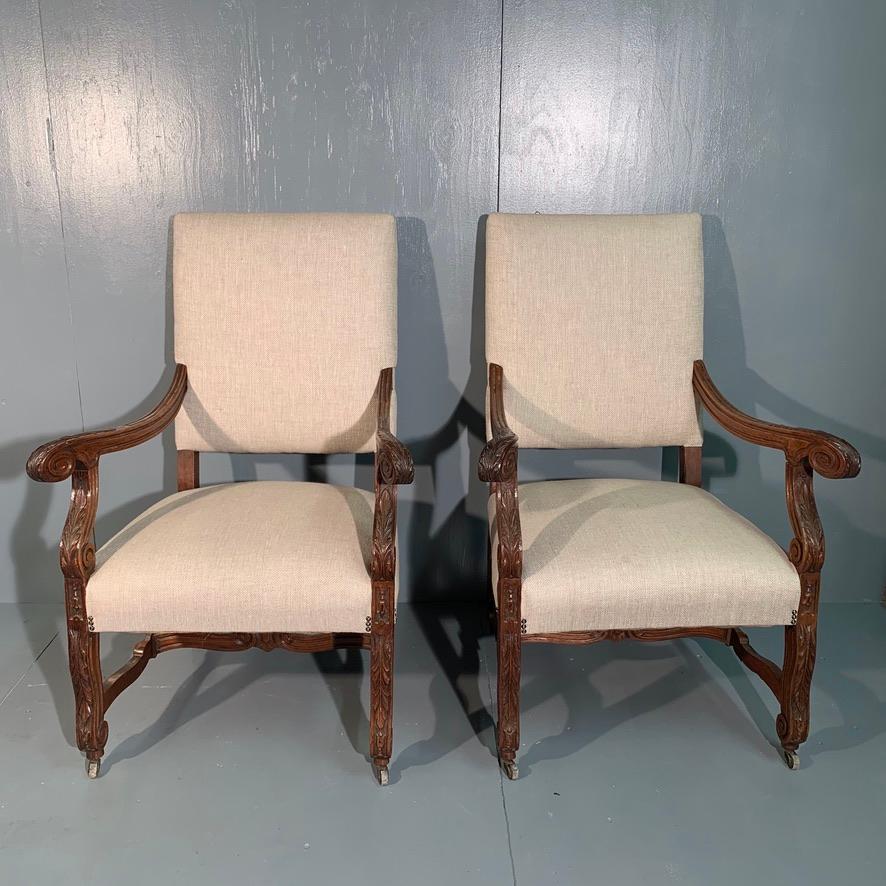 French 19th Century Large Armchairs in Carved Oak and Newly Upholstered 3