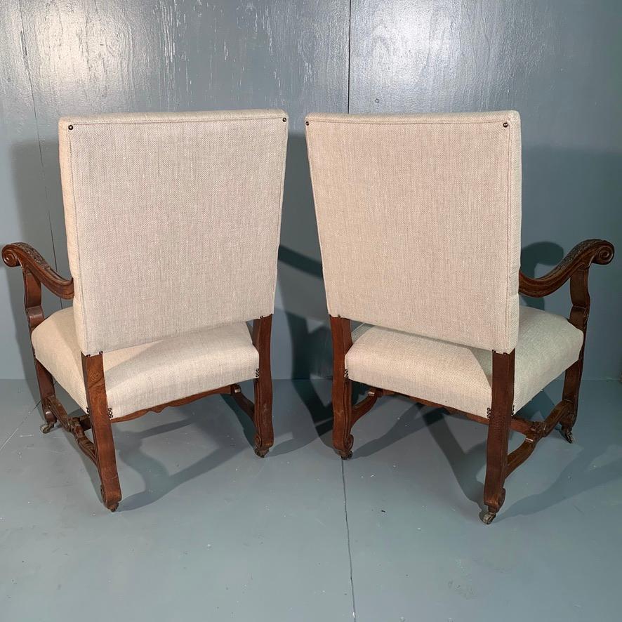 French 19th Century Large Armchairs in Carved Oak and Newly Upholstered 4