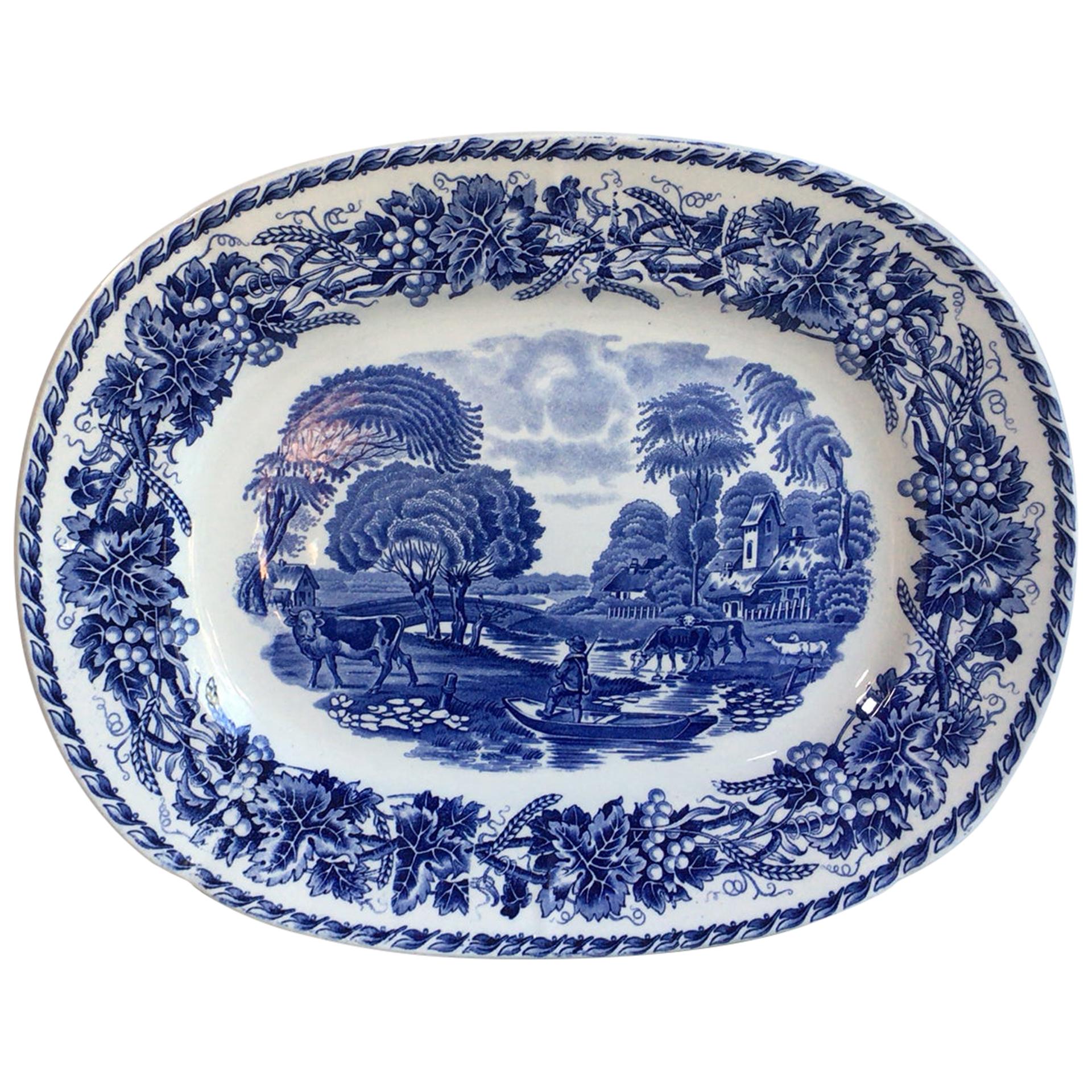 French 19th Century Large Blue and White Transferware Platter Sarreguemines