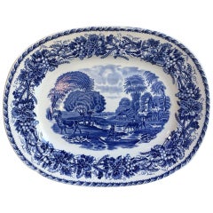 Plato grande francés del siglo XIX de cerámica transferida azul y blanca Sarreguemines