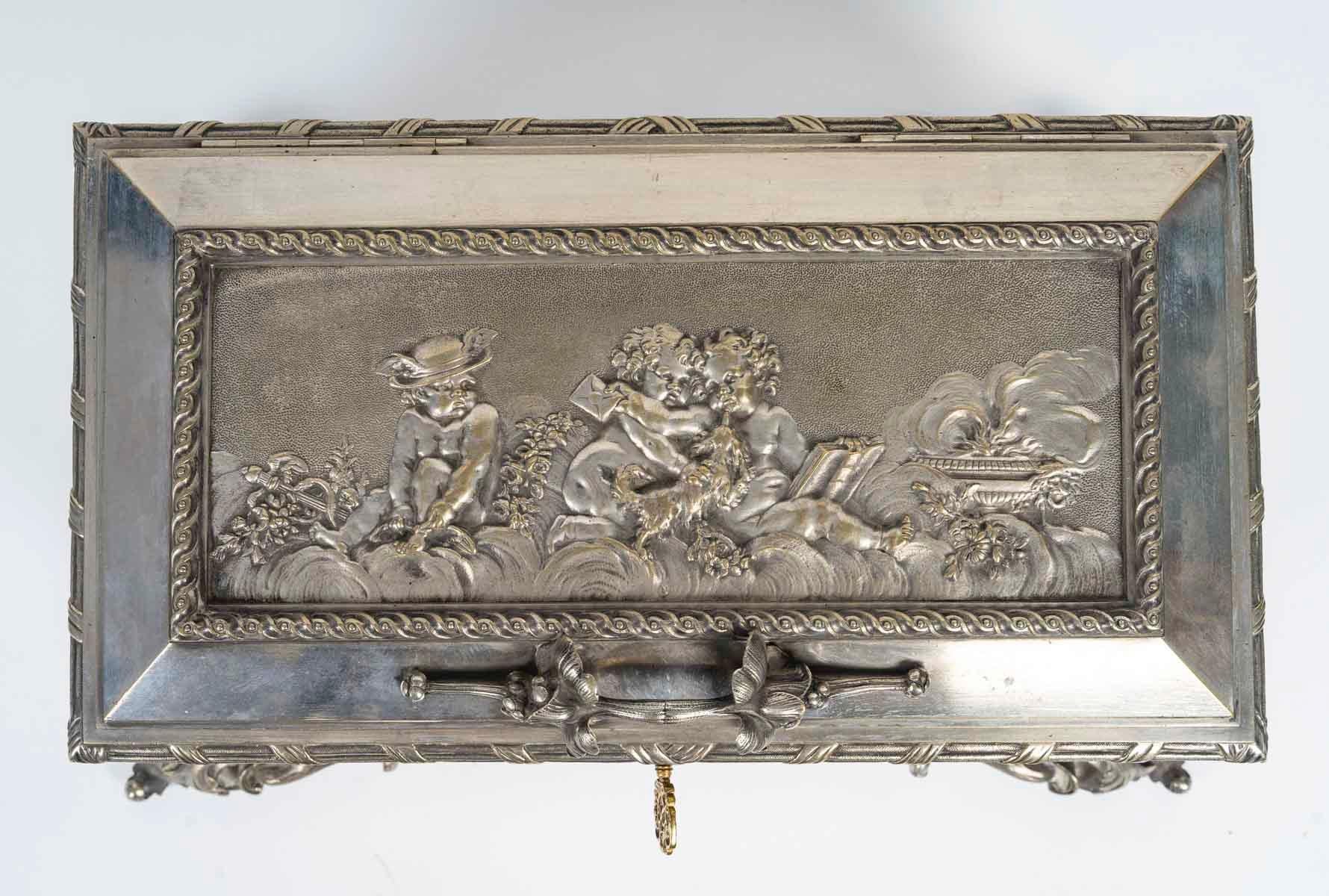 Silvered French 19th Century Large Jewelry Casket After Clodion For Sale