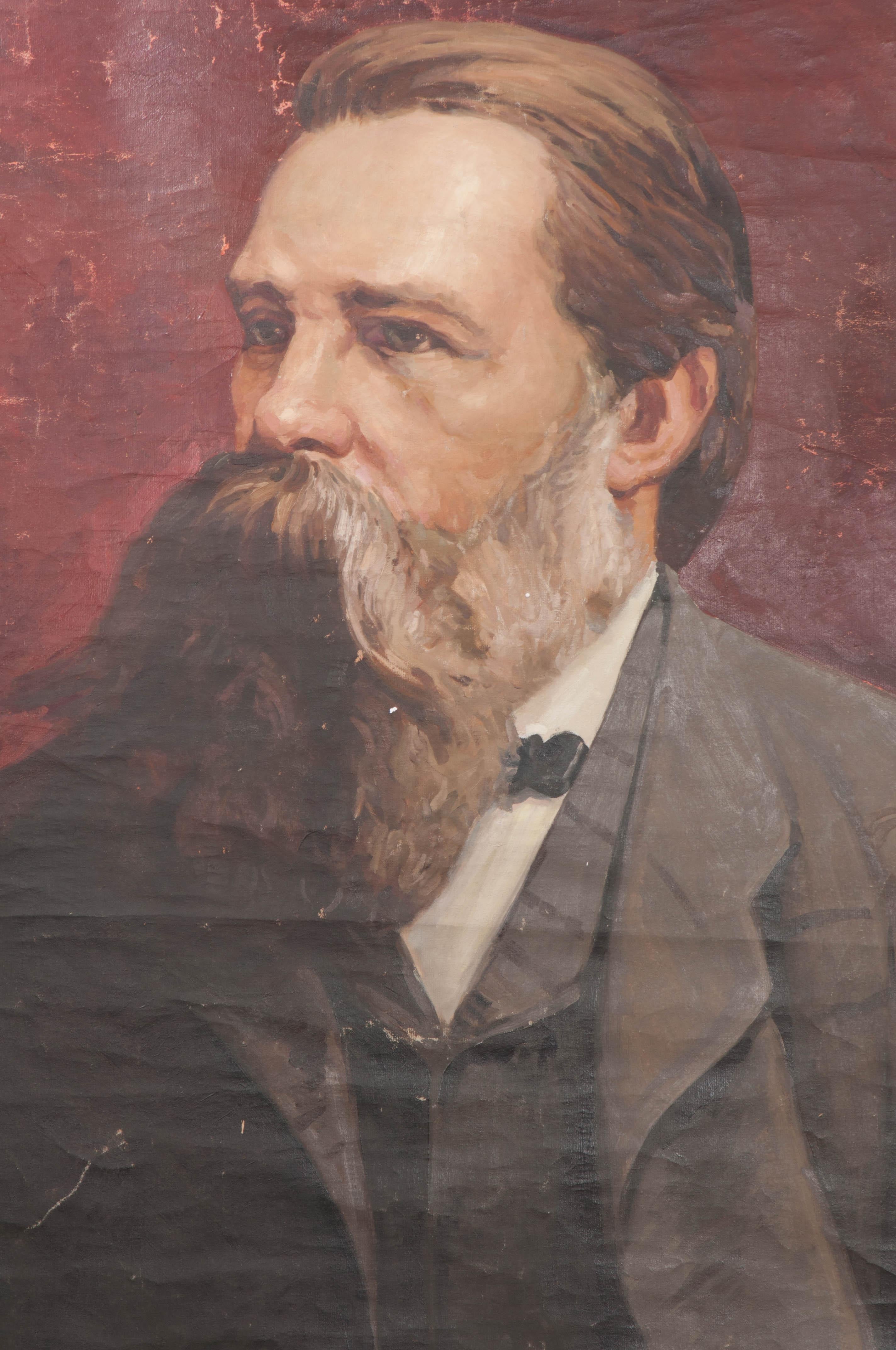 A heavily bearded Friedrich Engels stares into the distance in this massive 19th century German canvas portrait, 1820-1895. Engels was one of the leading political economists, philosophers, political theoreticians and revolutionary socialist of the