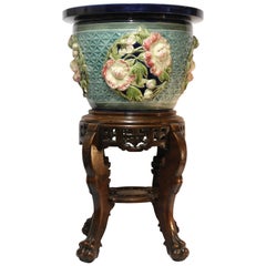 Antique French 19th Century Large Pottery Jardinière with Original Chinese Style Stand