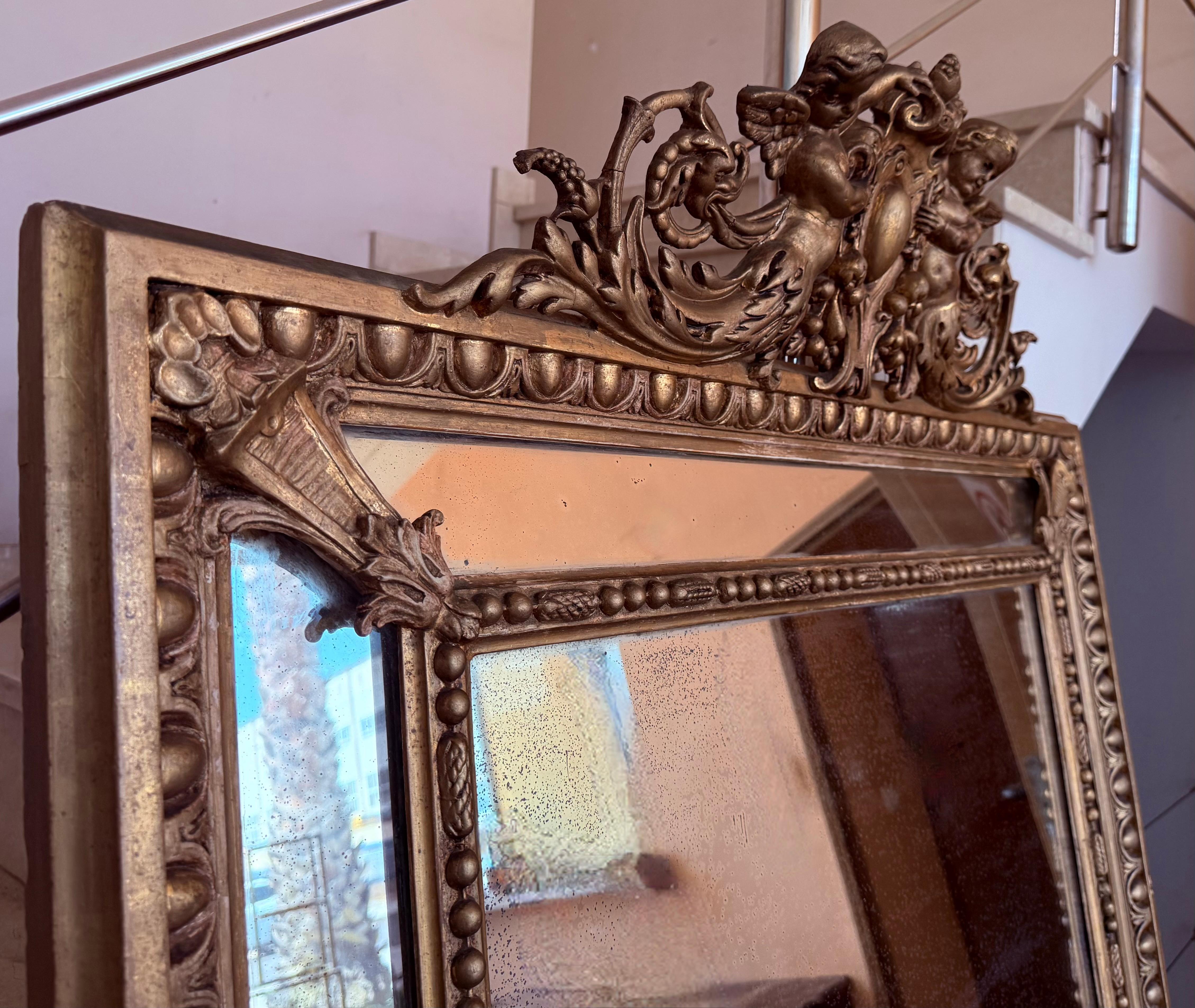 French 19th Century Large Vertical Gold Gilt Mirror with Cherub crest In Good Condition For Sale In Miami, FL