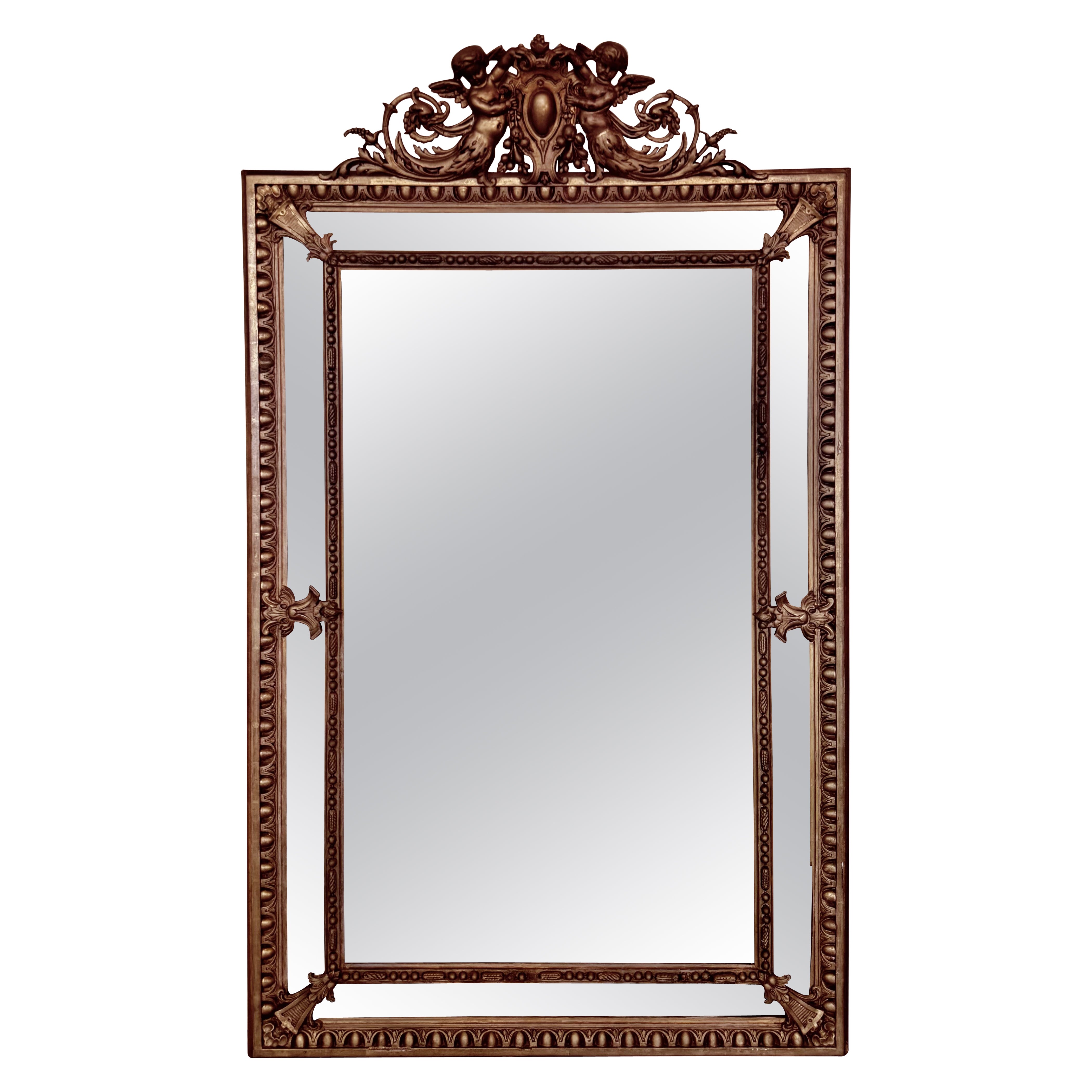 French 19th Century Large Vertical Gold Gilt Mirror with Cherub crest For Sale