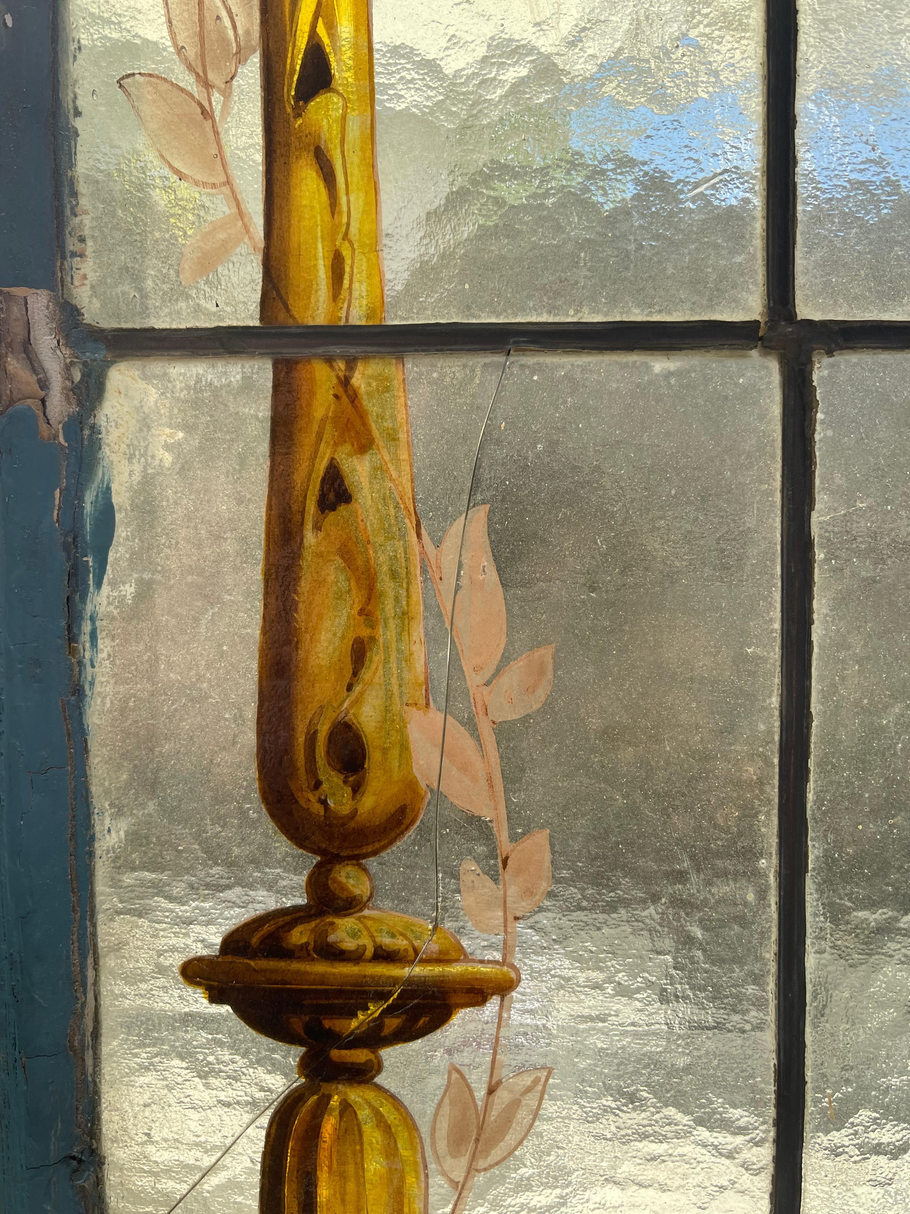 French 19th Century Leaded Stained Glass Window  In Distressed Condition For Sale In palm beach, FL