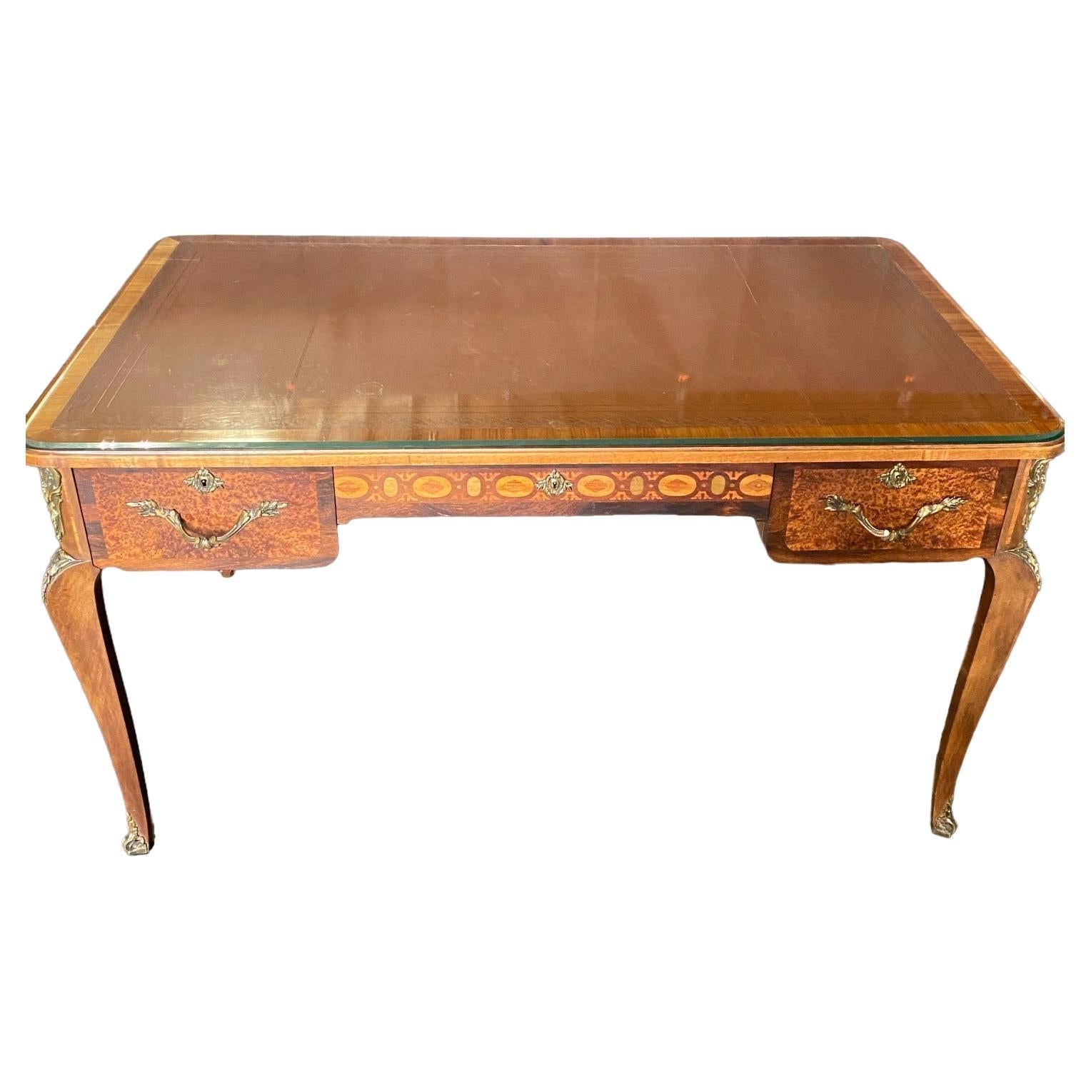  French 19th Century Leather Top Louis XV Style Writing Desk or Bureau Plat For Sale