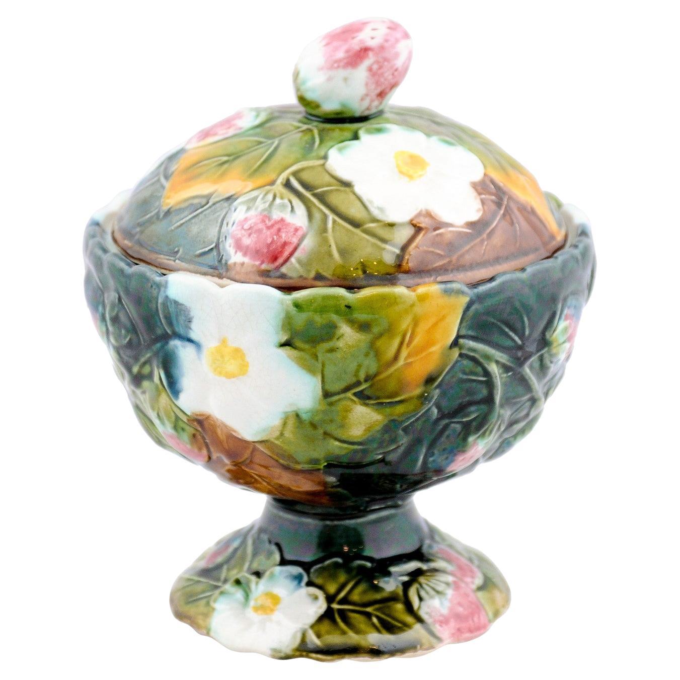 French 19th Century Lidded Majolica Strawberry Bowl with Flowers and Foliage For Sale