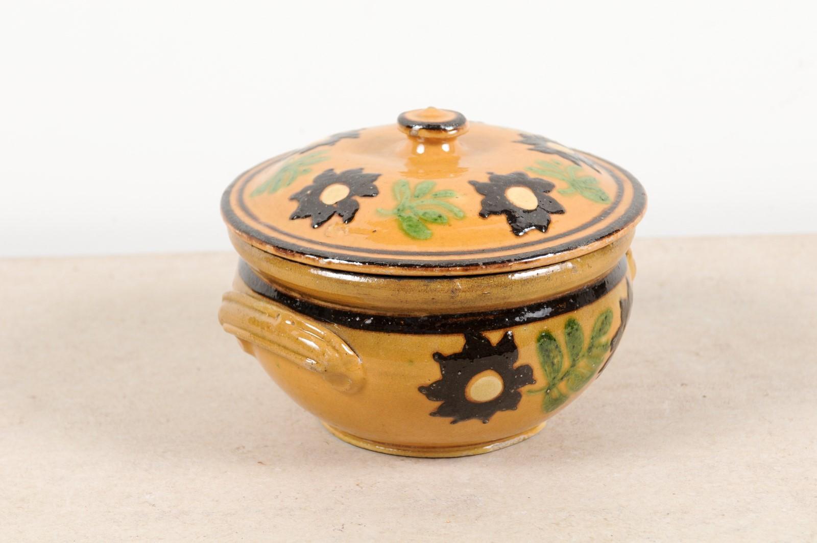 French 19th Century Lidded Pottery Bowl with Floral Decor and Petite Handles 6