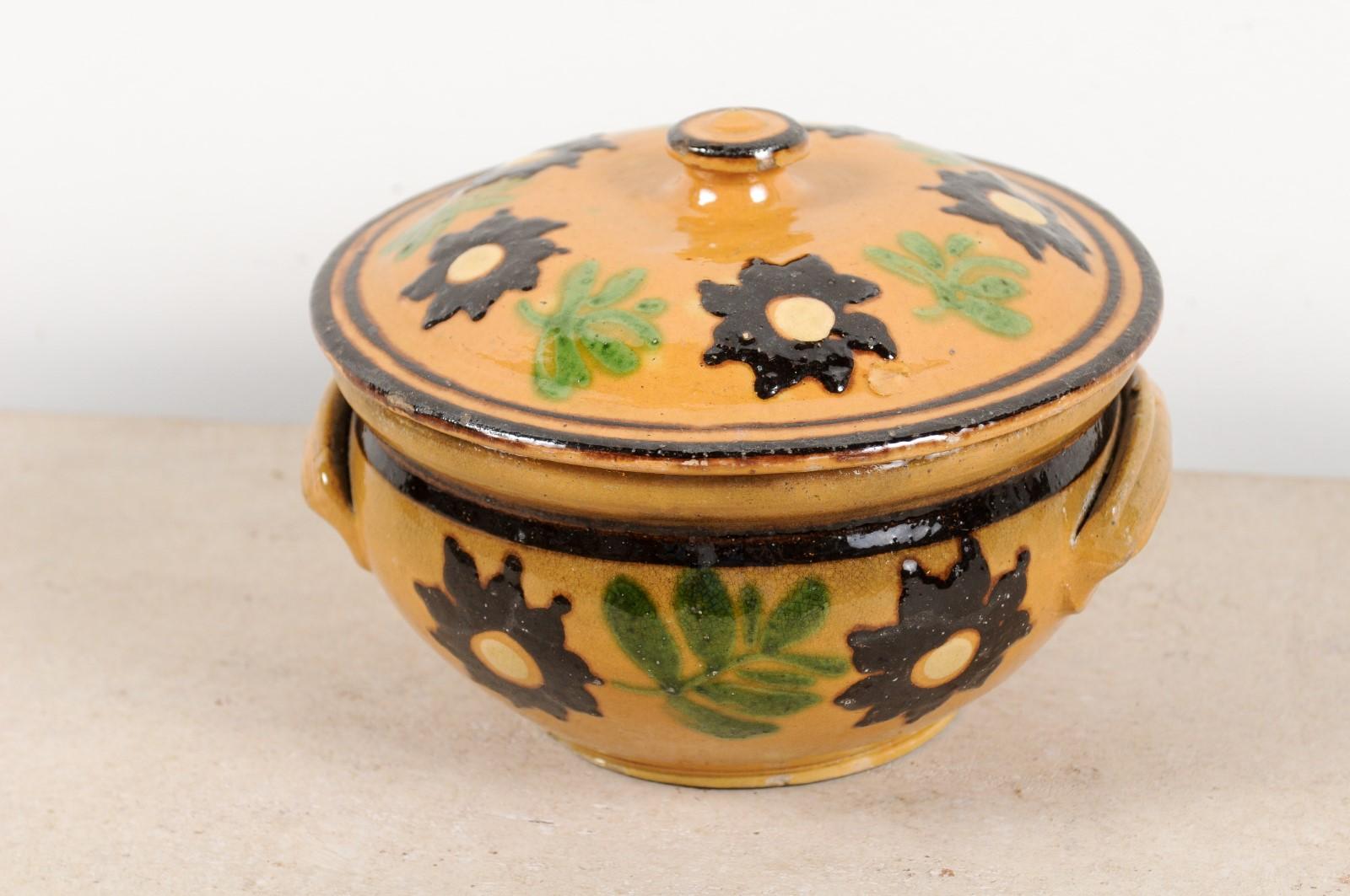 French 19th Century Lidded Pottery Bowl with Floral Decor and Petite Handles 10