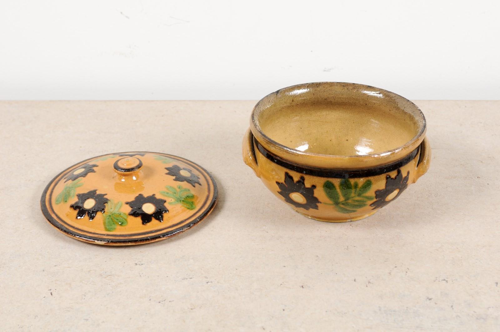 French 19th Century Lidded Pottery Bowl with Floral Decor and Petite Handles 1