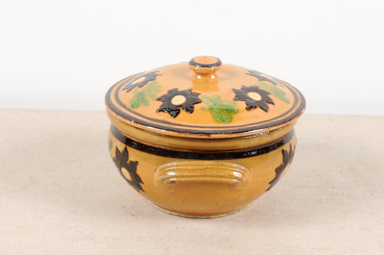 French 19th Century Lidded Pottery Bowl with Floral Decor and Petite Handles 3
