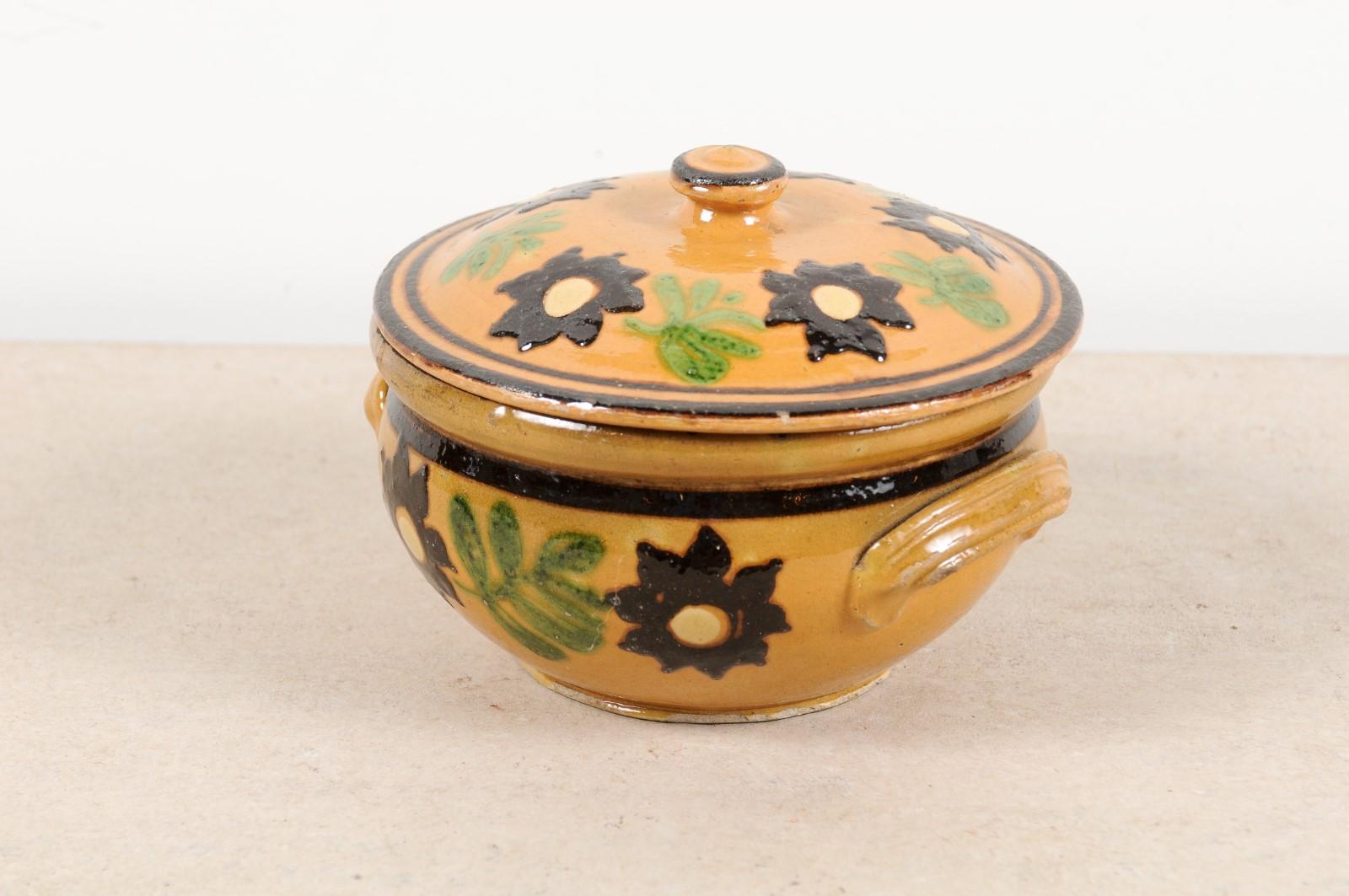 French 19th Century Lidded Pottery Bowl with Floral Decor and Petite Handles 4