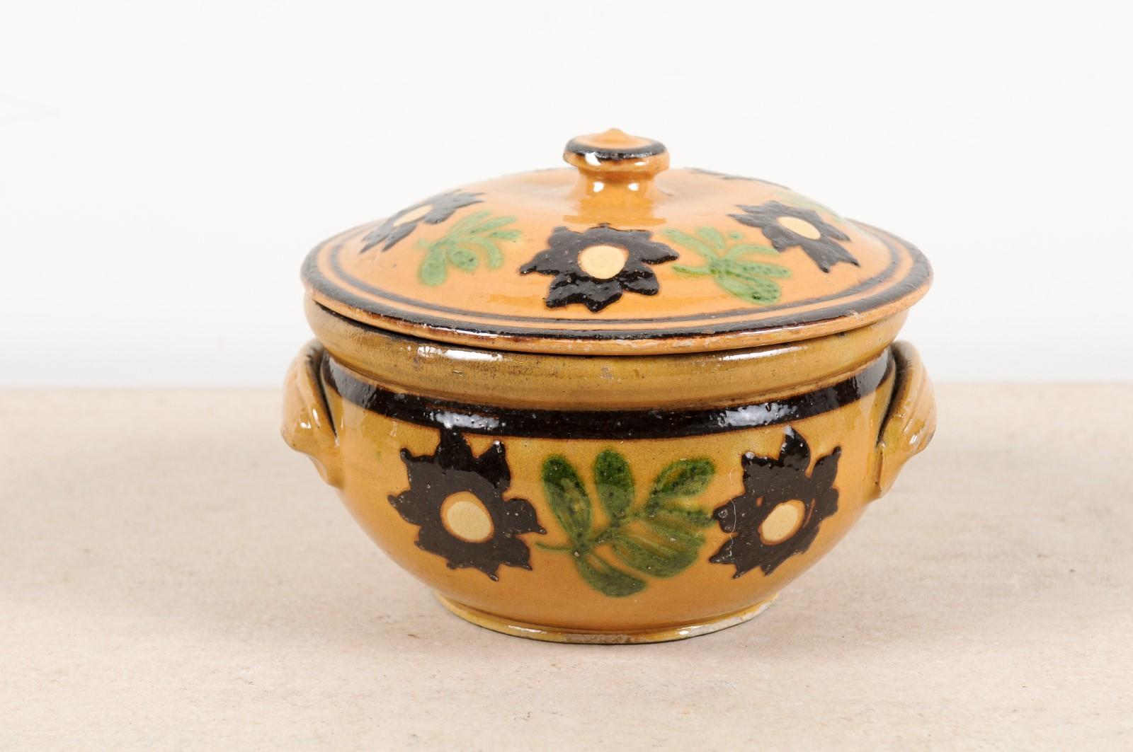 French 19th Century Lidded Pottery Bowl with Floral Decor and Petite Handles 5