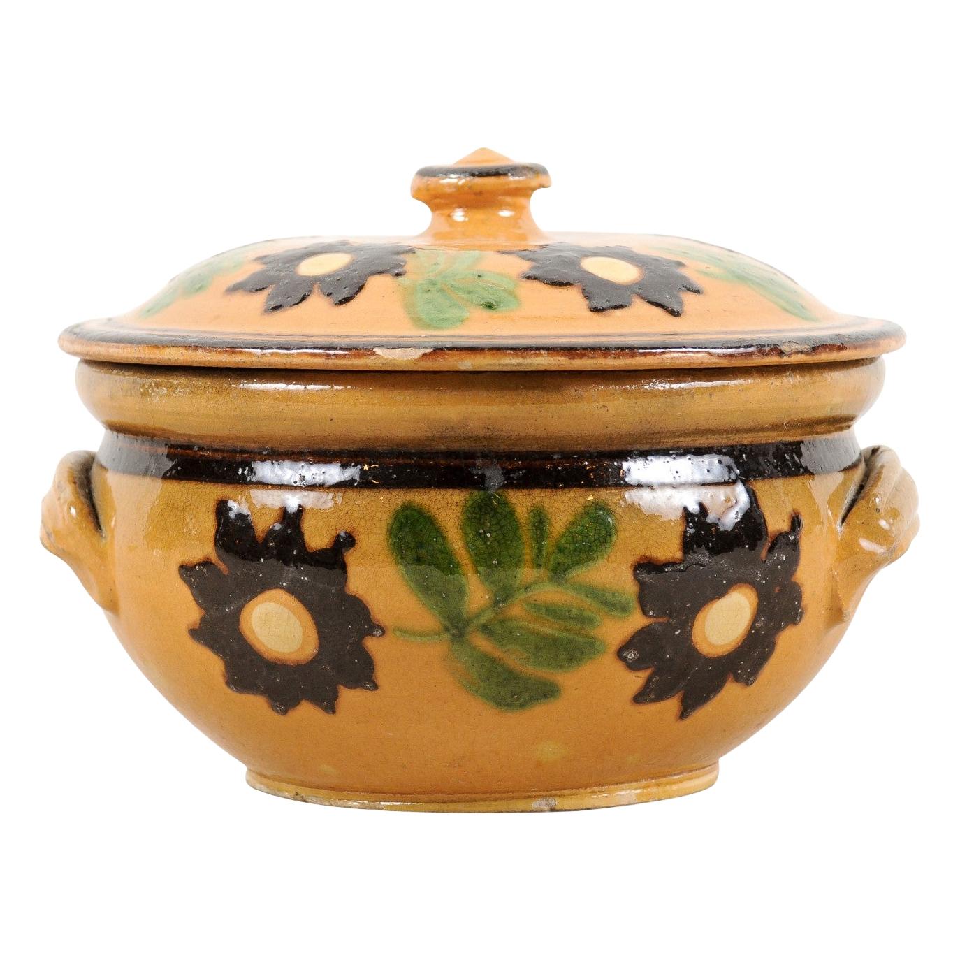 French 19th Century Lidded Pottery Bowl with Floral Decor and Petite Handles