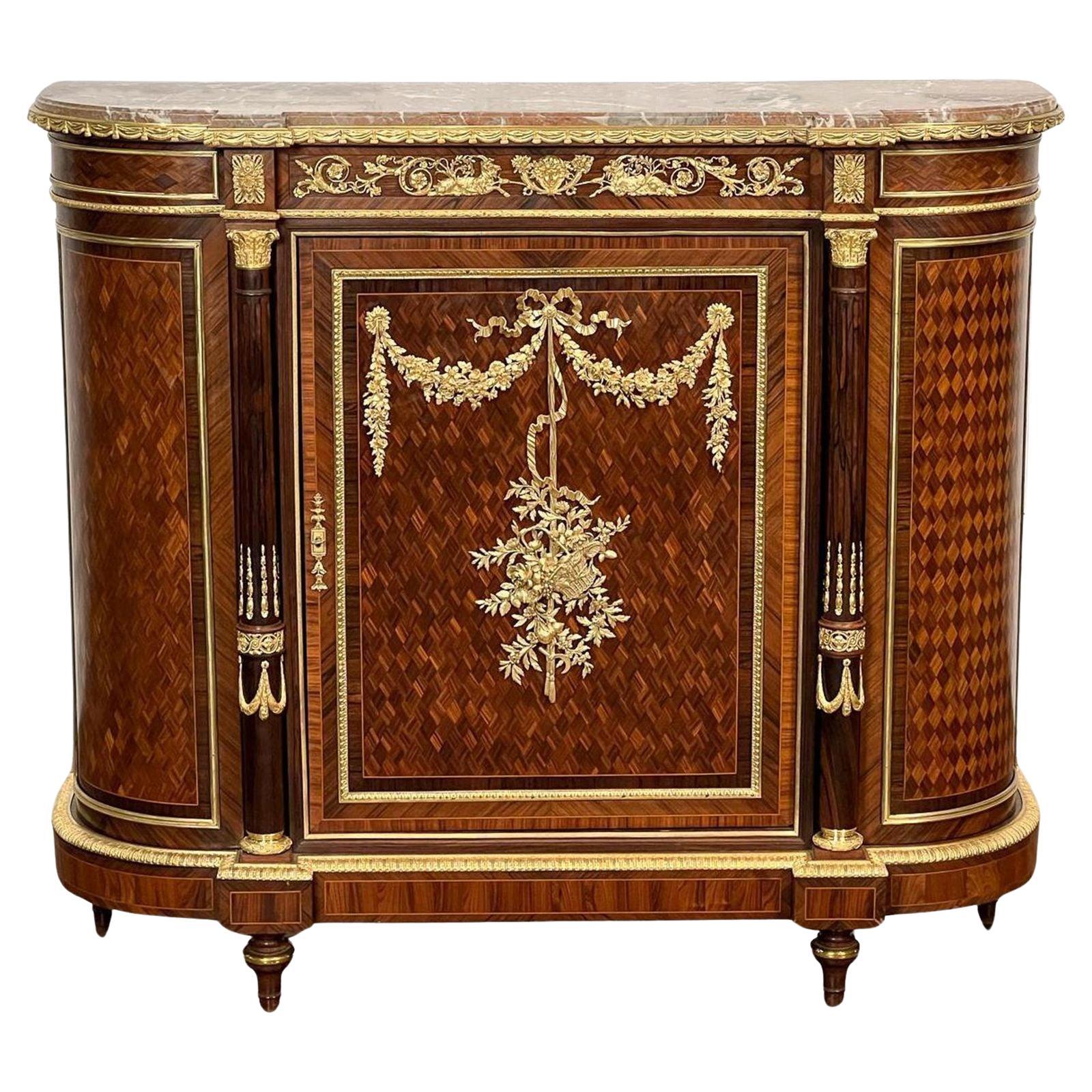 French 19th Century Linke Parlor Parquetry Cabinet with Breche Marble Top For Sale