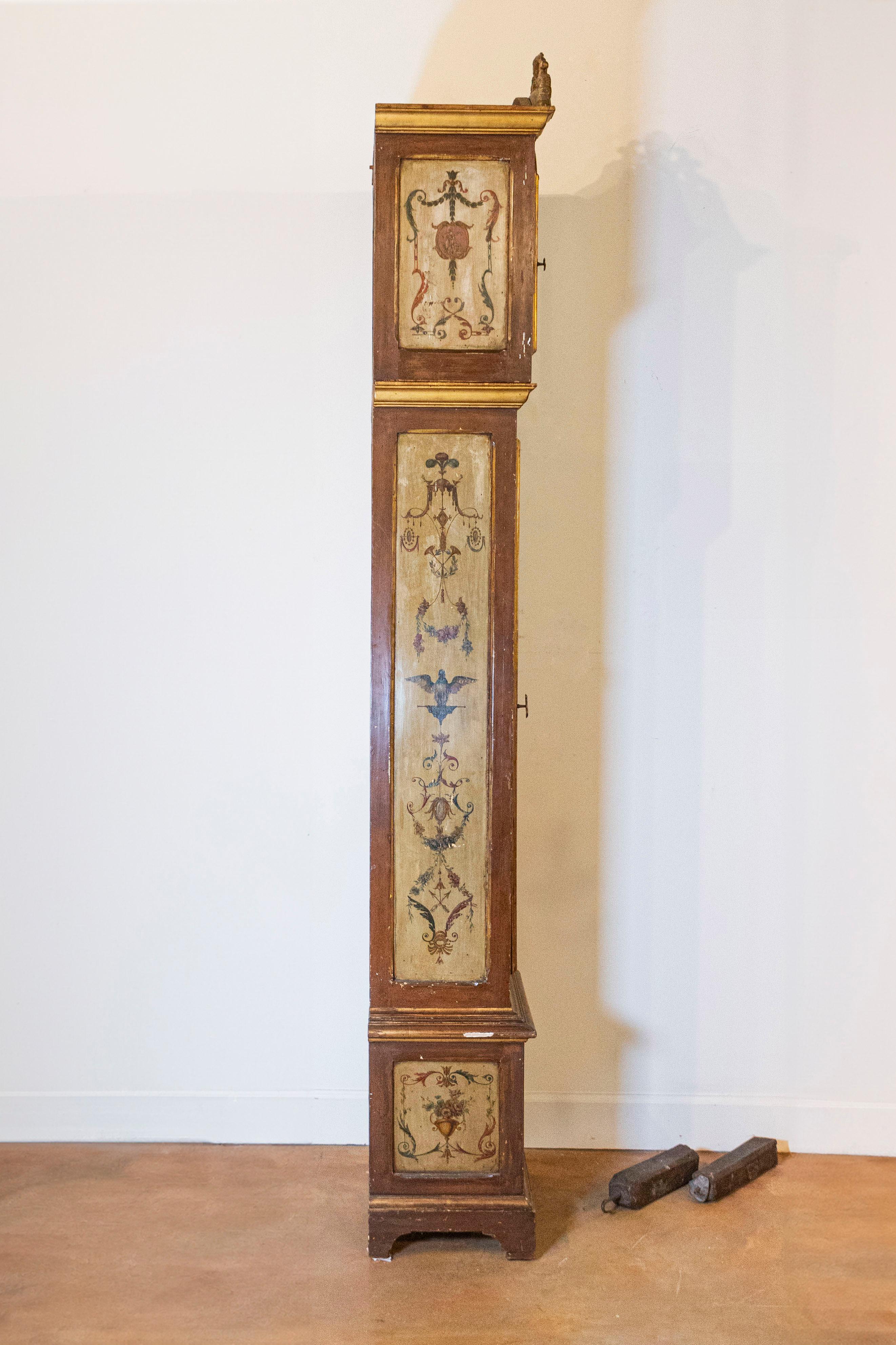 French 19th Century Longcase Painted Clock with Carved Crest and Classical Décor For Sale 8