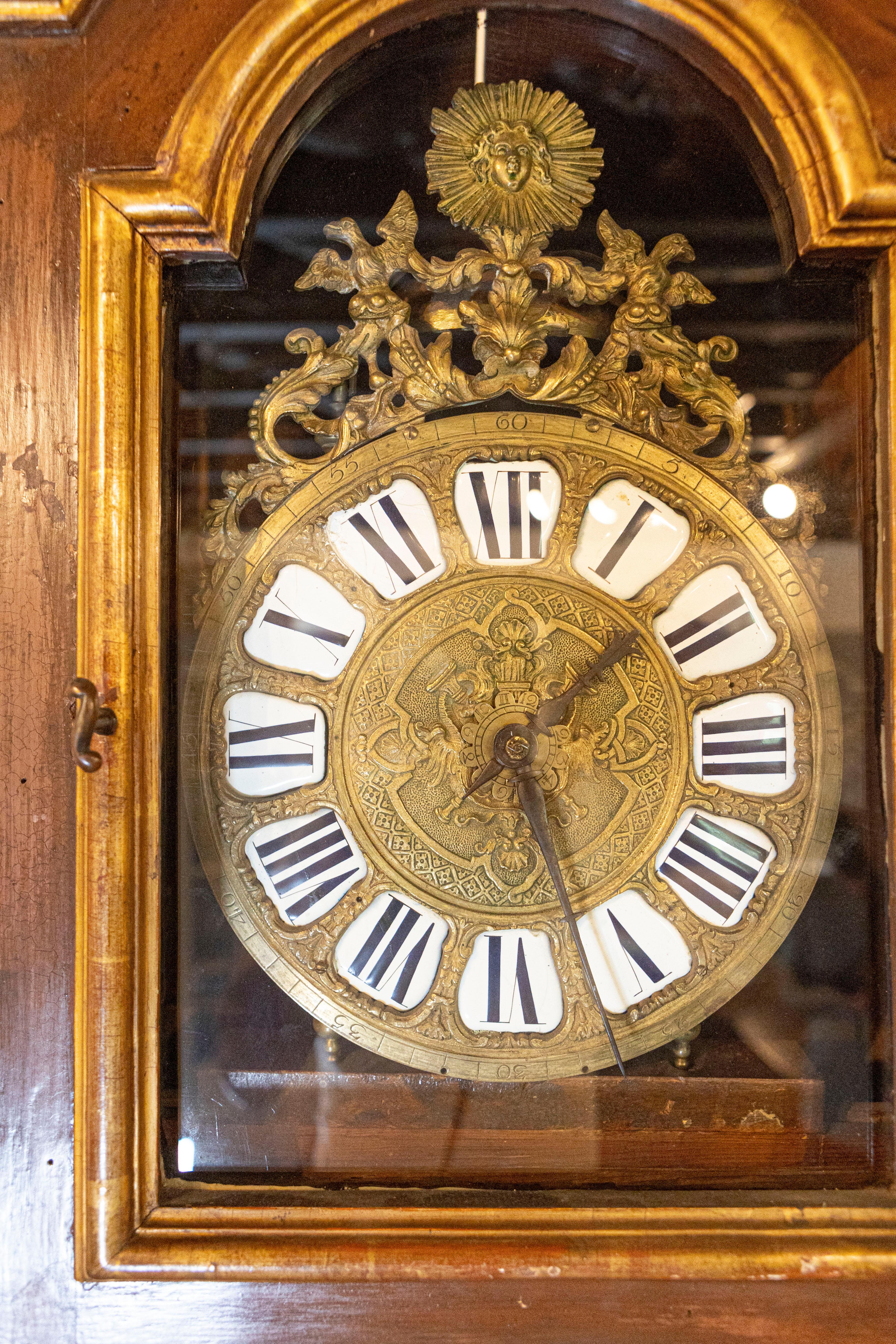 Gilt French 19th Century Longcase Painted Clock with Carved Crest and Classical Décor For Sale
