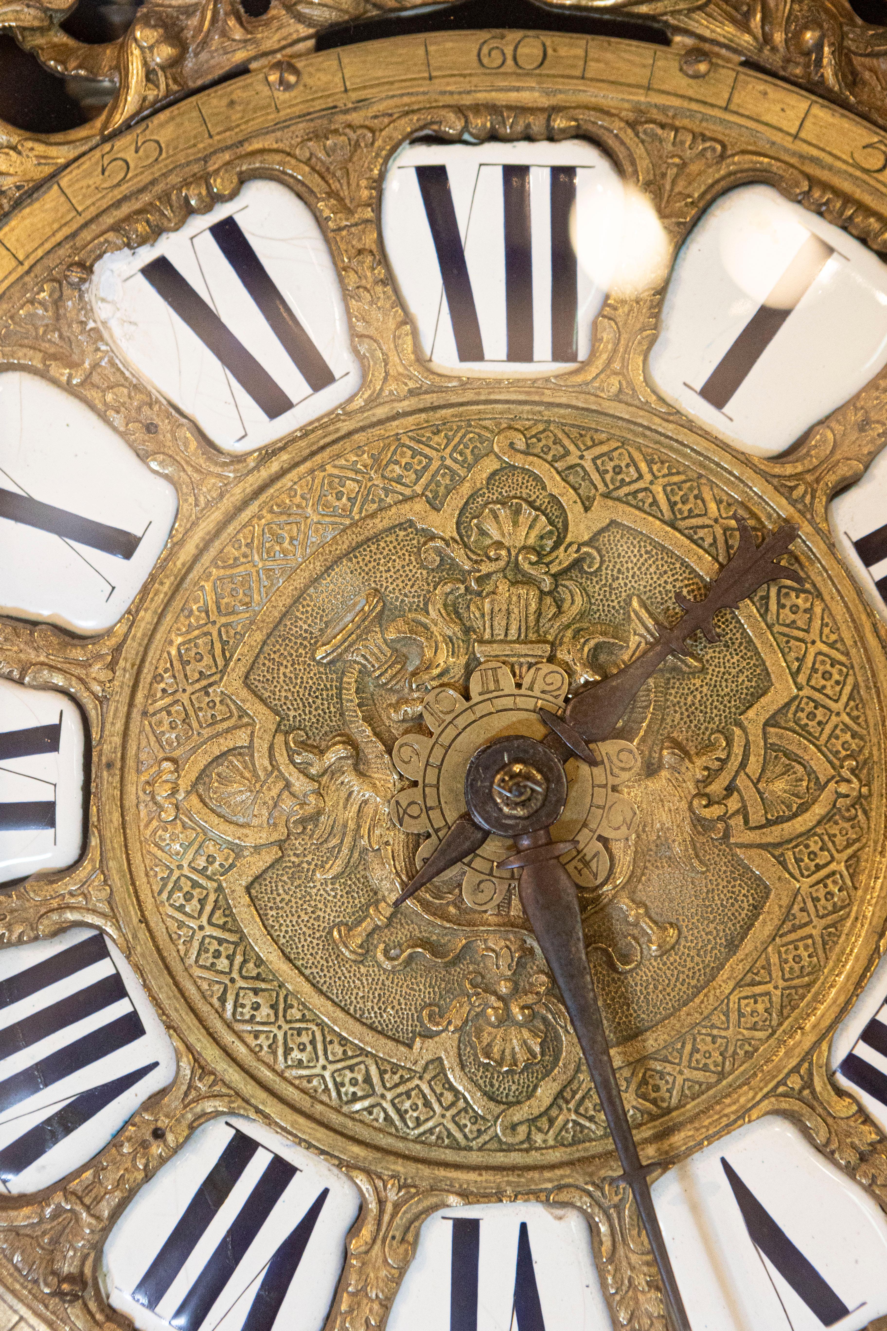 French 19th Century Longcase Painted Clock with Carved Crest and Classical Décor In Good Condition For Sale In Atlanta, GA
