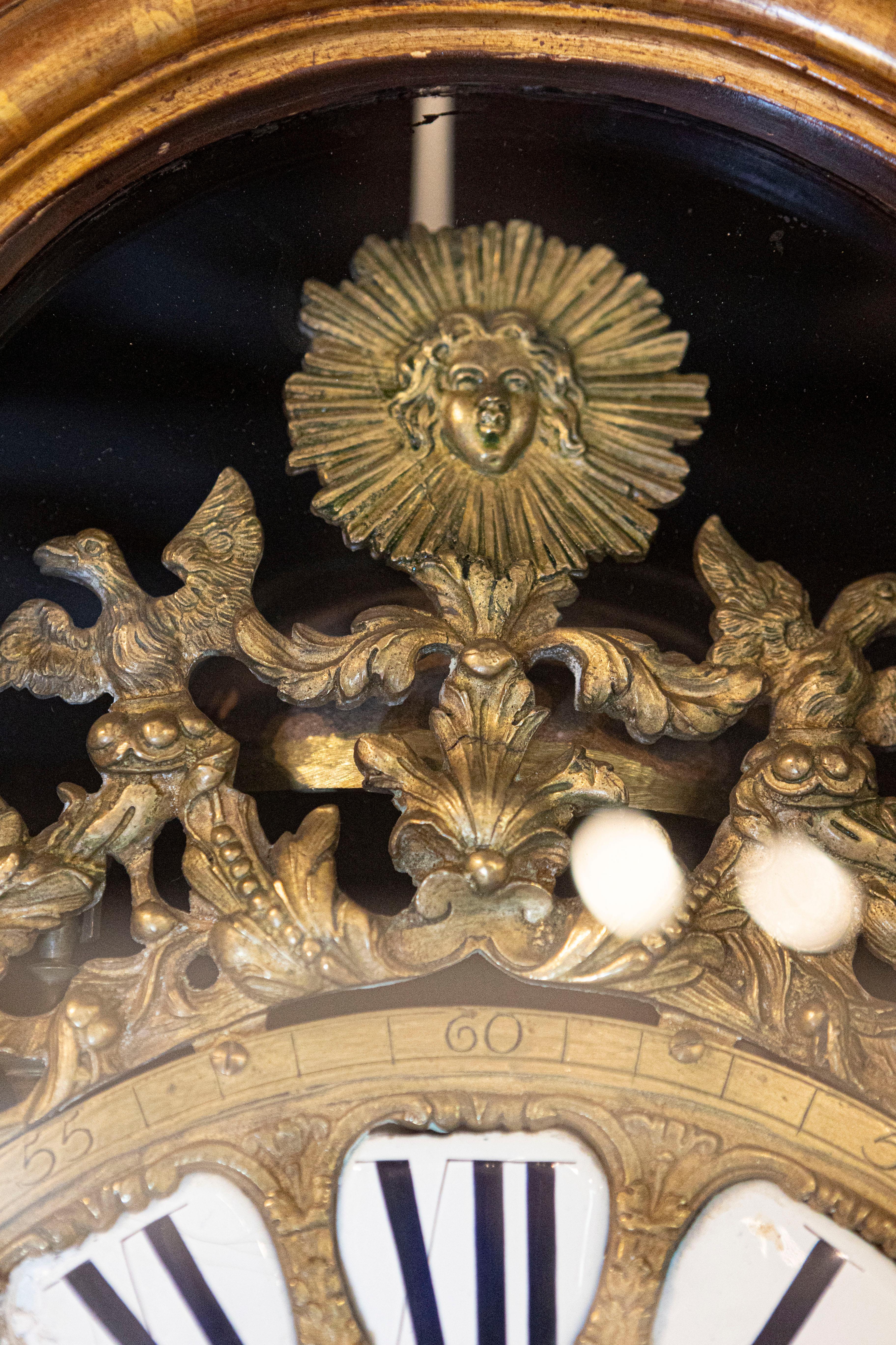Metal French 19th Century Longcase Painted Clock with Carved Crest and Classical Décor For Sale