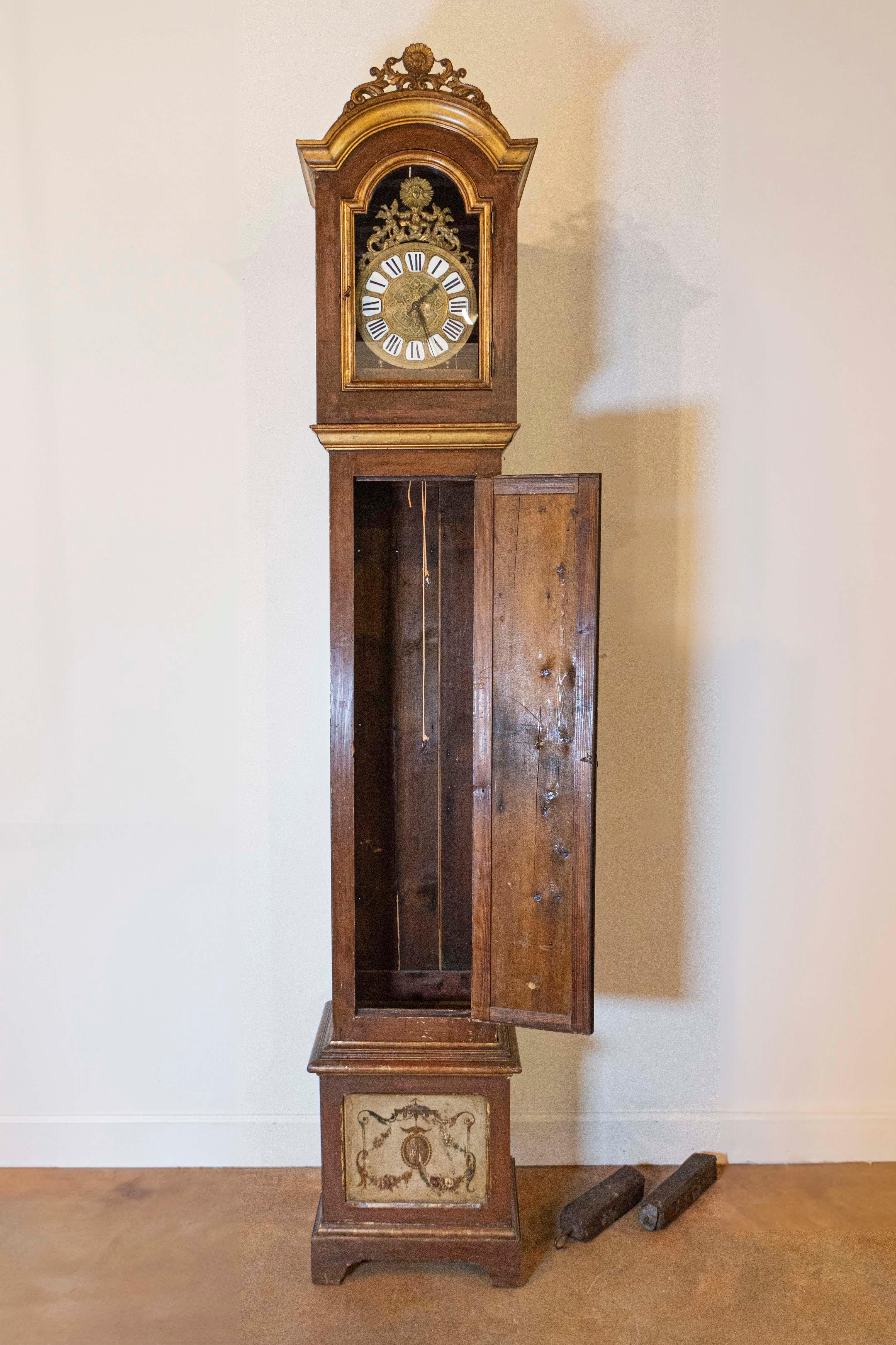 French 19th Century Longcase Painted Clock with Carved Crest and Classical Décor For Sale 4