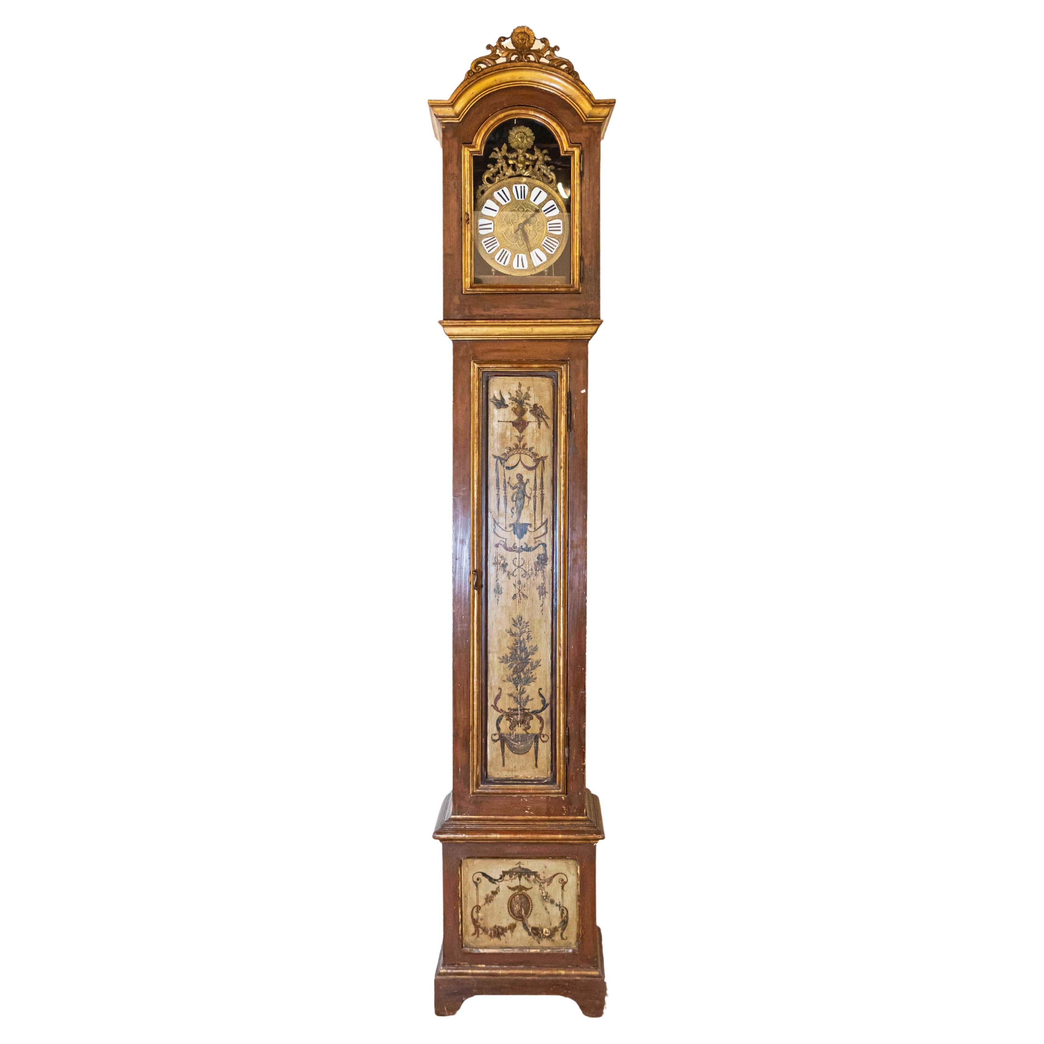 French 19th Century Longcase Painted Clock with Carved Crest and Classical Décor