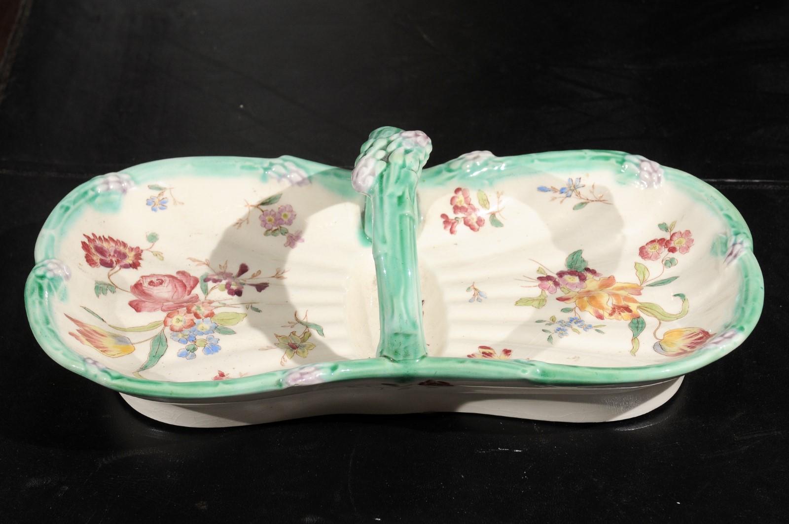 French 19th Century Longchamp Majolica Asparagus Server with Floral Decor For Sale 6