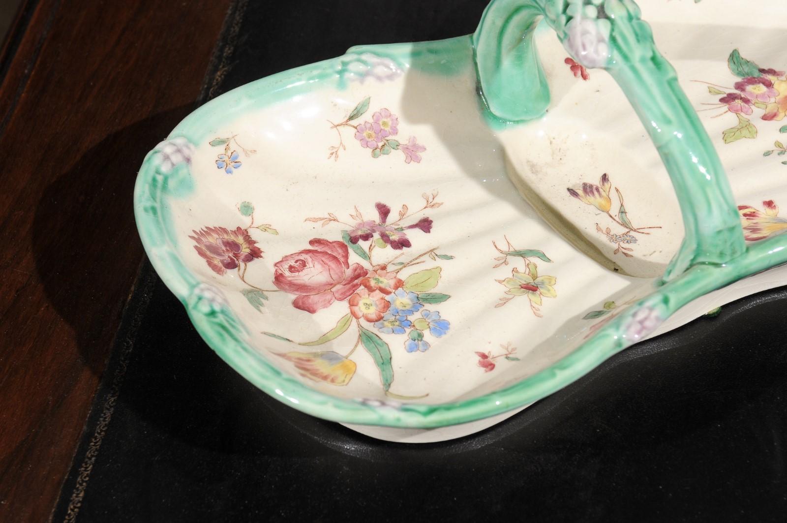 French 19th Century Longchamp Majolica Asparagus Server with Floral Decor In Good Condition For Sale In Atlanta, GA